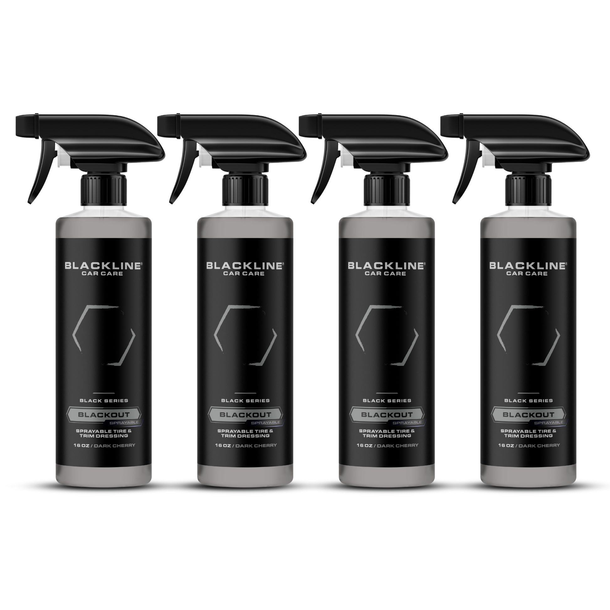 Blackline Car Care BLACKLINE® blackout trim and tire dressing spray on a vehicle's tires and trim for a sleek, polished look.