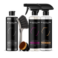 Blackline Car Care BLACKLINE® Blackout Trim and Tire Dressing spray on a car's trim and tires for a sleek, matte finish.