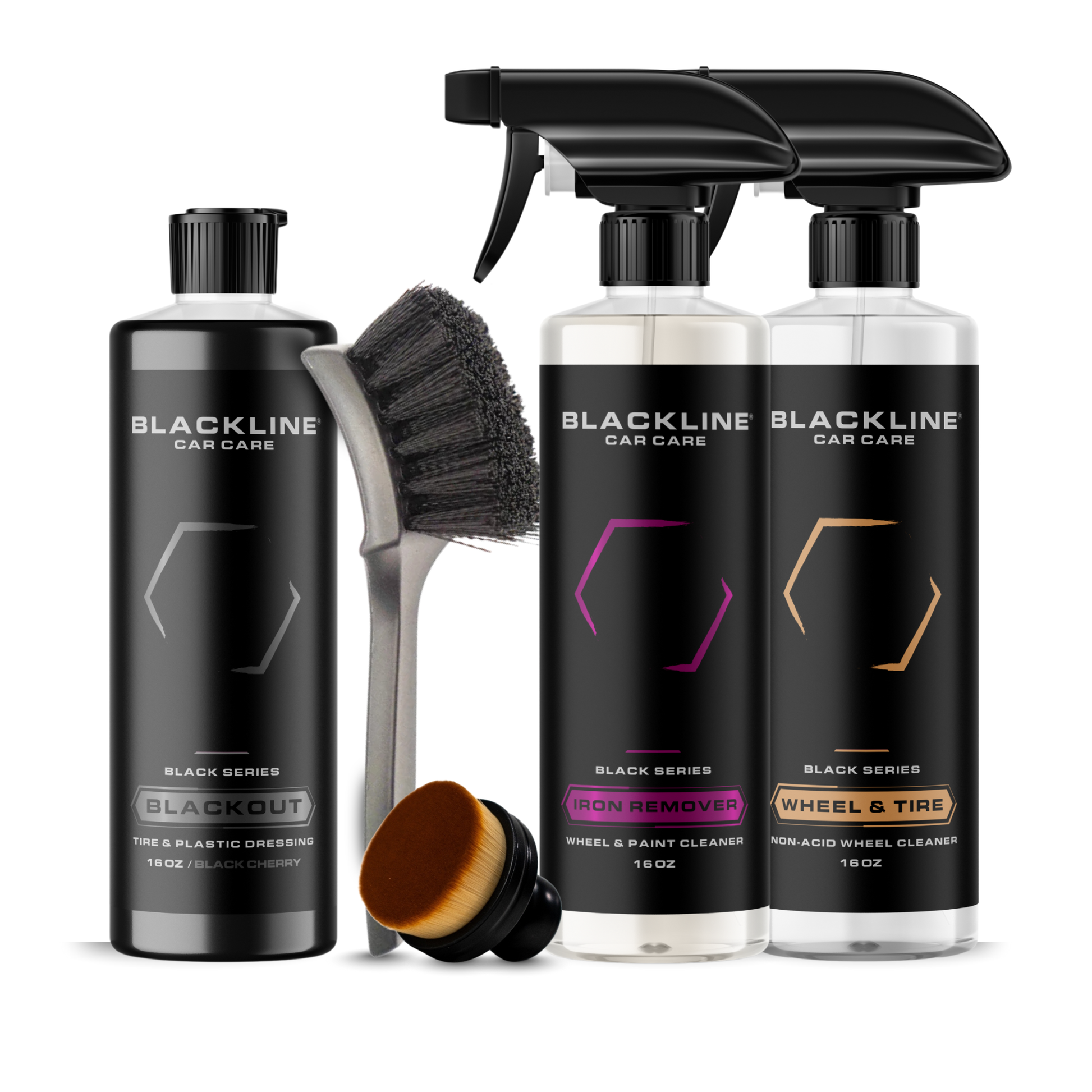 Blackline Car Care BLACKLINE® Blackout Trim and Tire Dressing spray on a car's trim and tires for a sleek, matte finish.