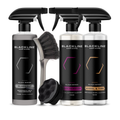 Blackline Car Care BLACKLINE® BLACKOUT Trim & Tire Dressing spray applied to car tires and trim for a sleek, glossy finish.