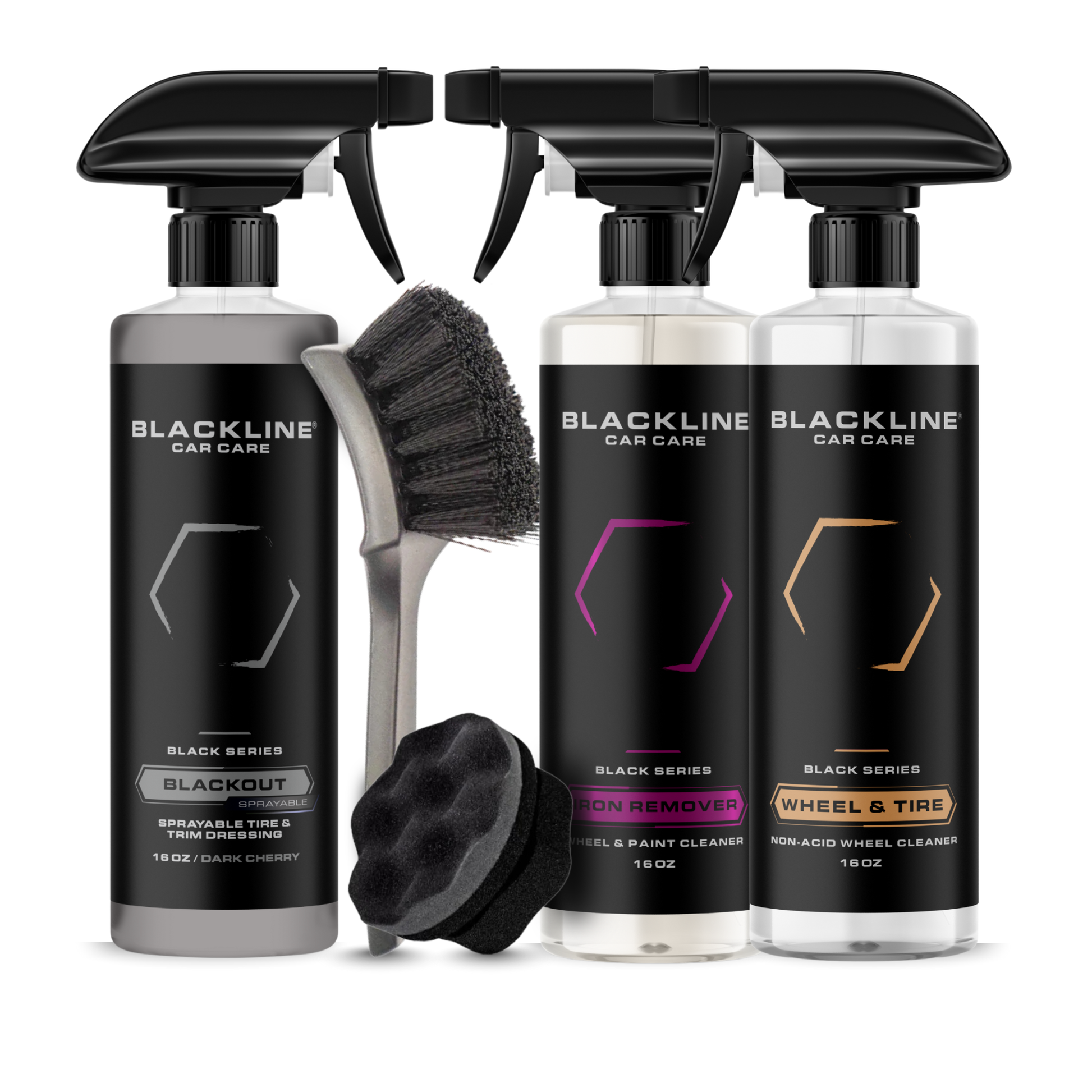 Blackline Car Care BLACKLINE® BLACKOUT Trim & Tire Dressing spray applied to car tires and trim for a sleek, glossy finish.