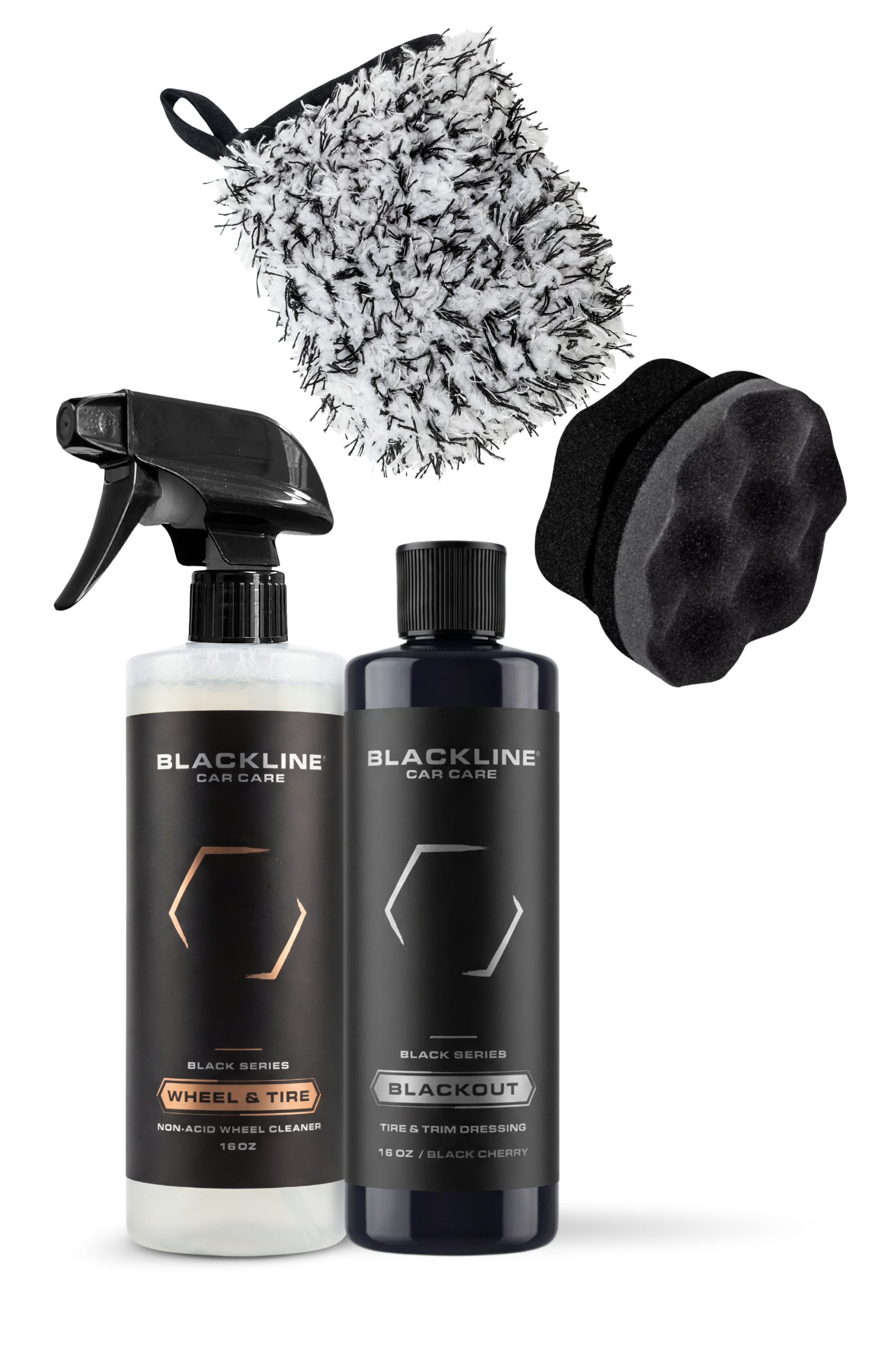 Blackline Car Care BLACKLINE® Blackout Trim and Tire Dressing spray bottle for automotive trim and tires, black and sleek packaging