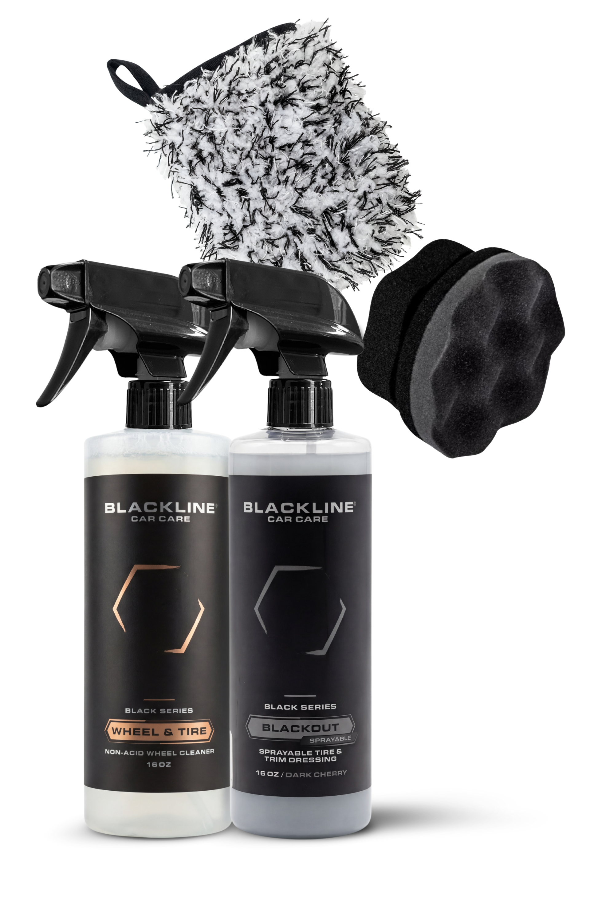 Blackline Car Care BLACKLINE® Blackout Trim & Tire Dressing spray bottle for enhancing trim and tires with a glossy finish