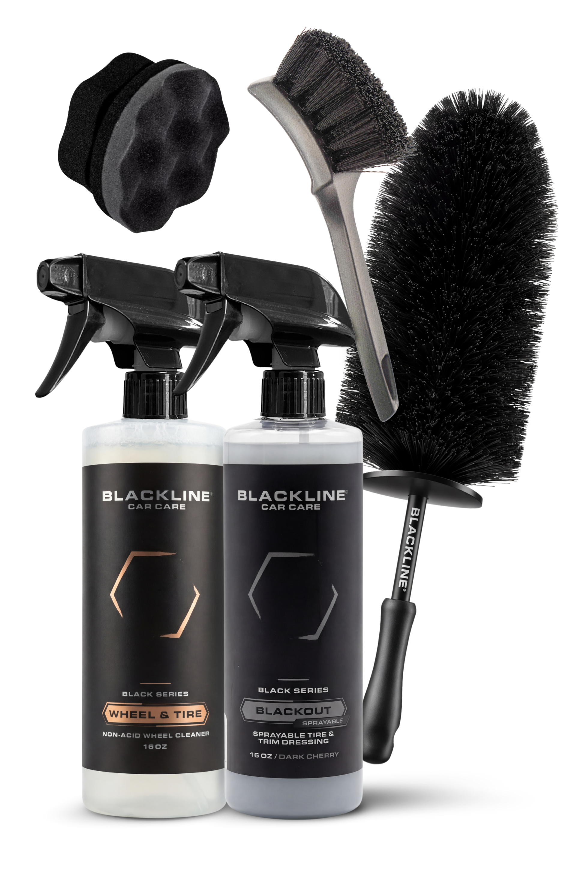 Blackline Car Care BLACKLINE® Blackout Trim & Tire Dressing spray on a car's trim and tires, enhancing shine and protection.