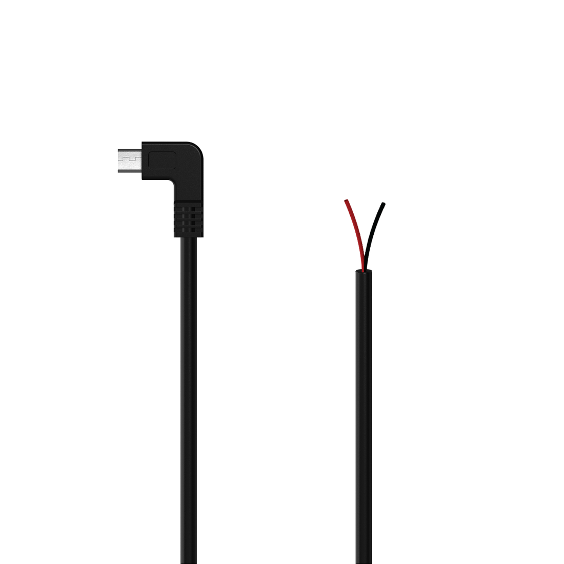 Black right-angle micro USB cable with exposed red and black wires