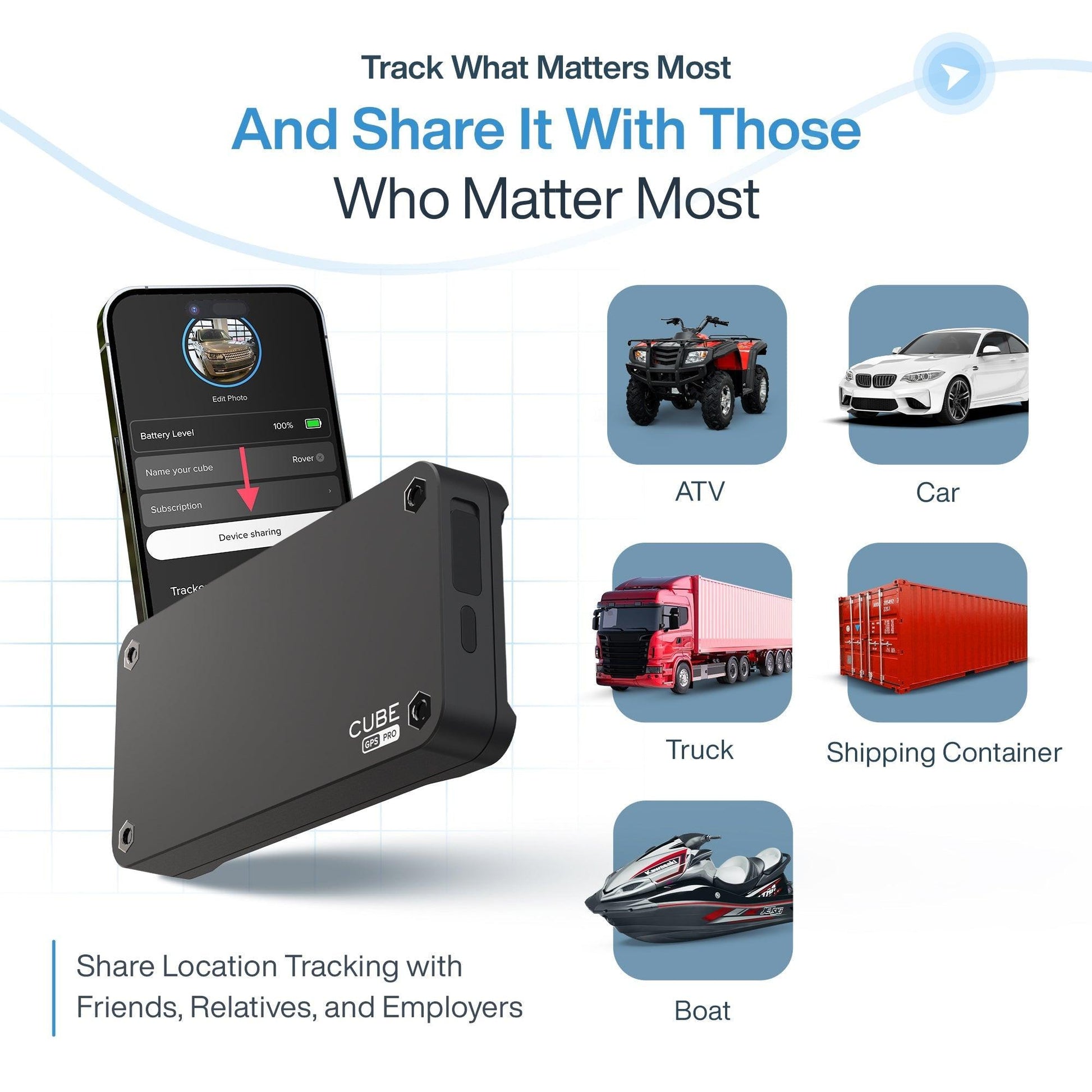 Cube Tracker GPS PRO magnetic tracker with 4G LTE, real-time tracking, and 1-year battery life for vehicle or asset monitoring.