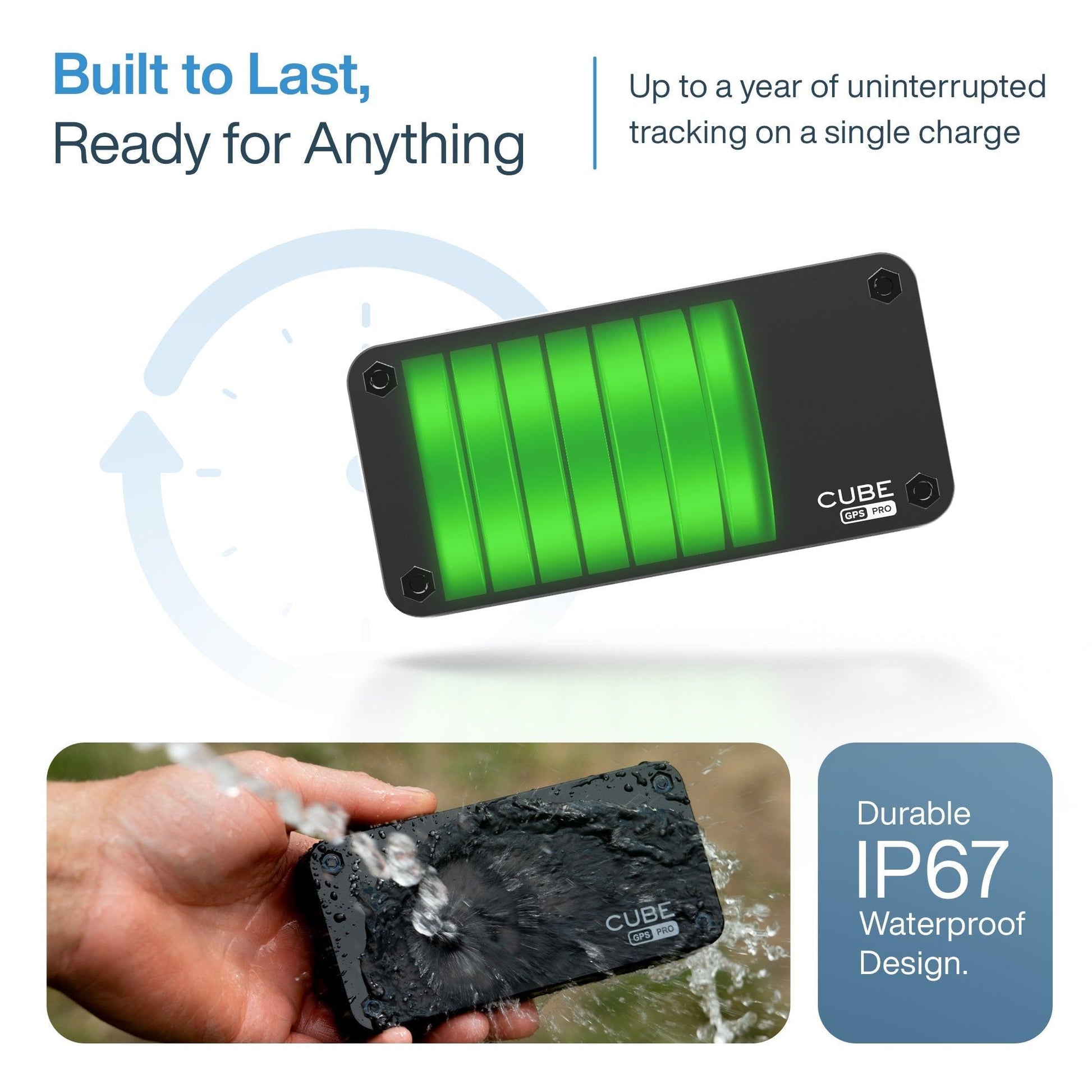 Cube Tracker GPS PRO magnetic tracker with 4G LTE, real-time tracking, and 1-year battery life for reliable asset monitoring.