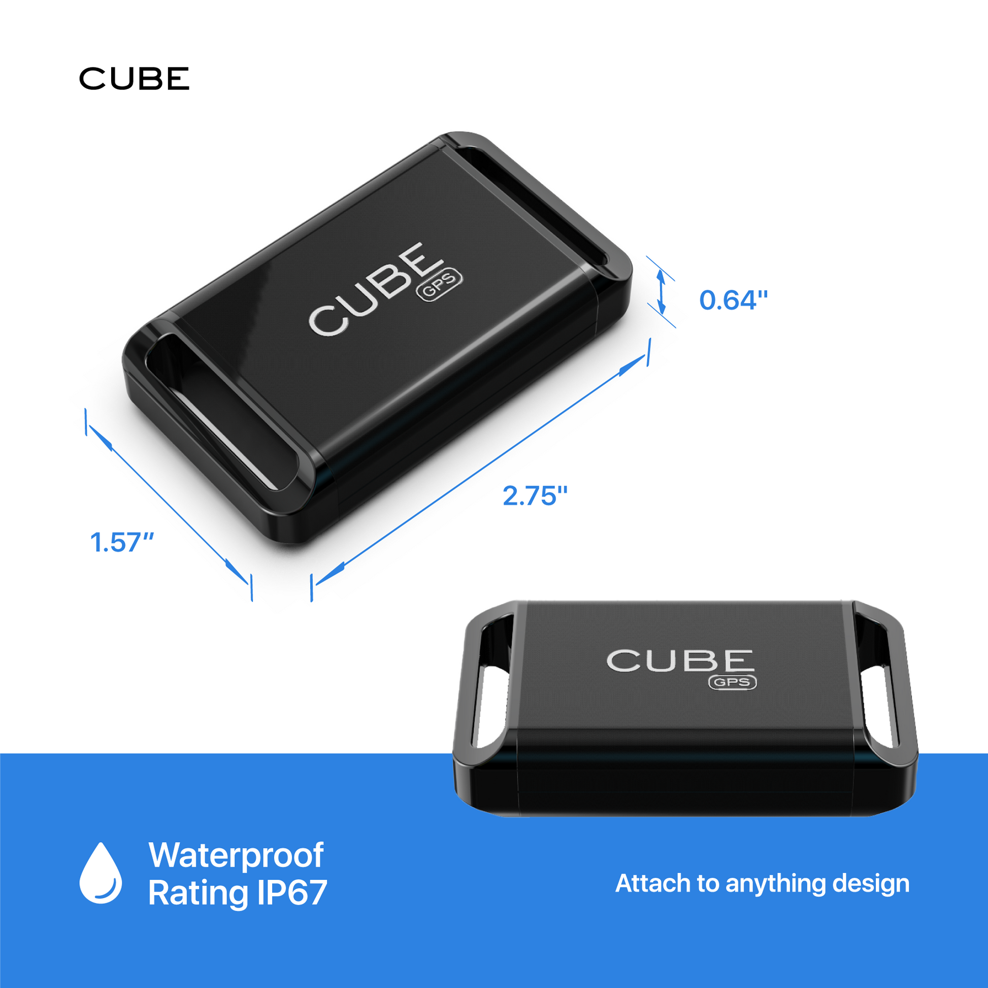 Cube Tracker GPS tracker with real-time 4G LTE tracking and rechargeable battery, showing the device with LED indicators.