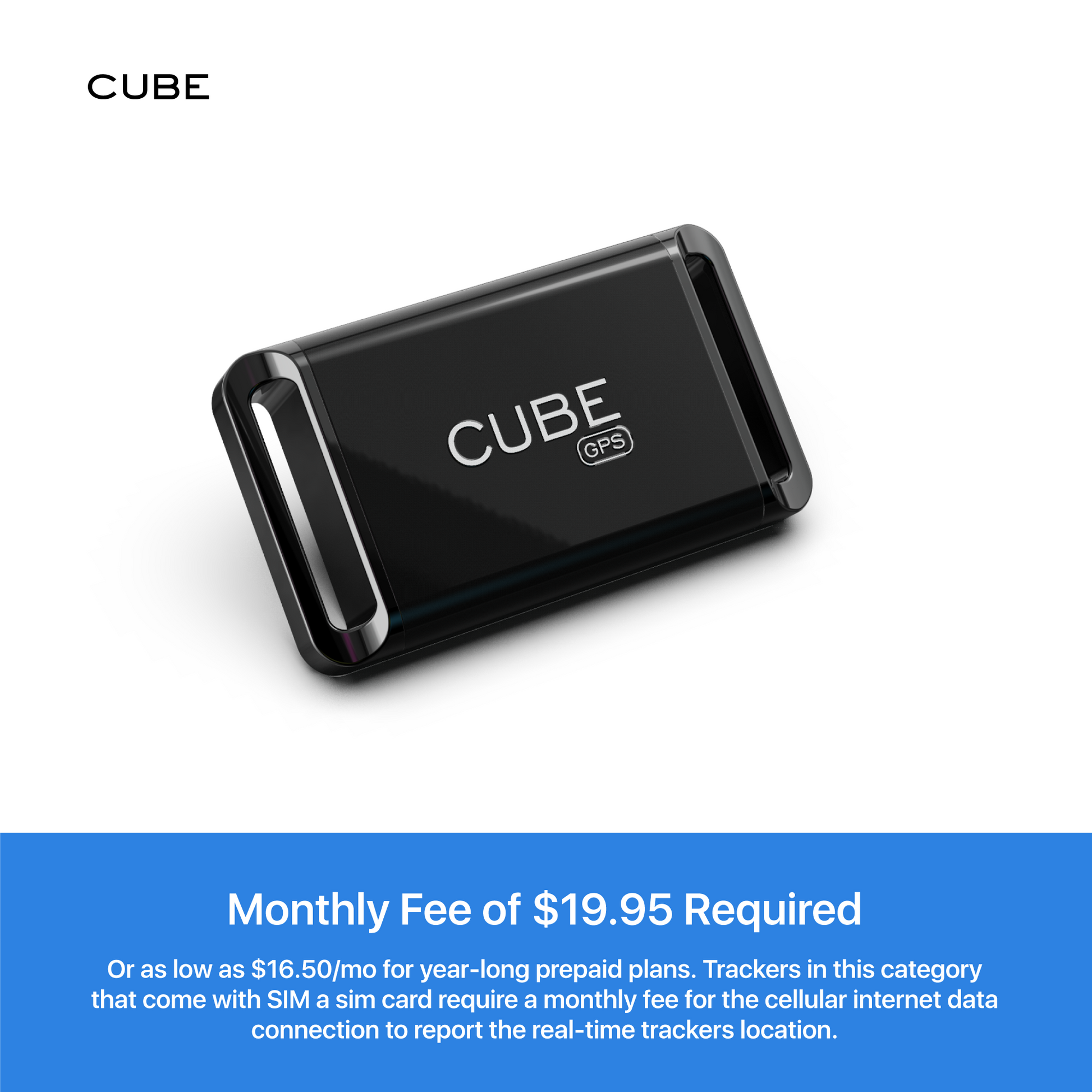 Cube Tracker GPS tracker with 4G LTE, rechargeable battery, compact device for real-time location tracking.