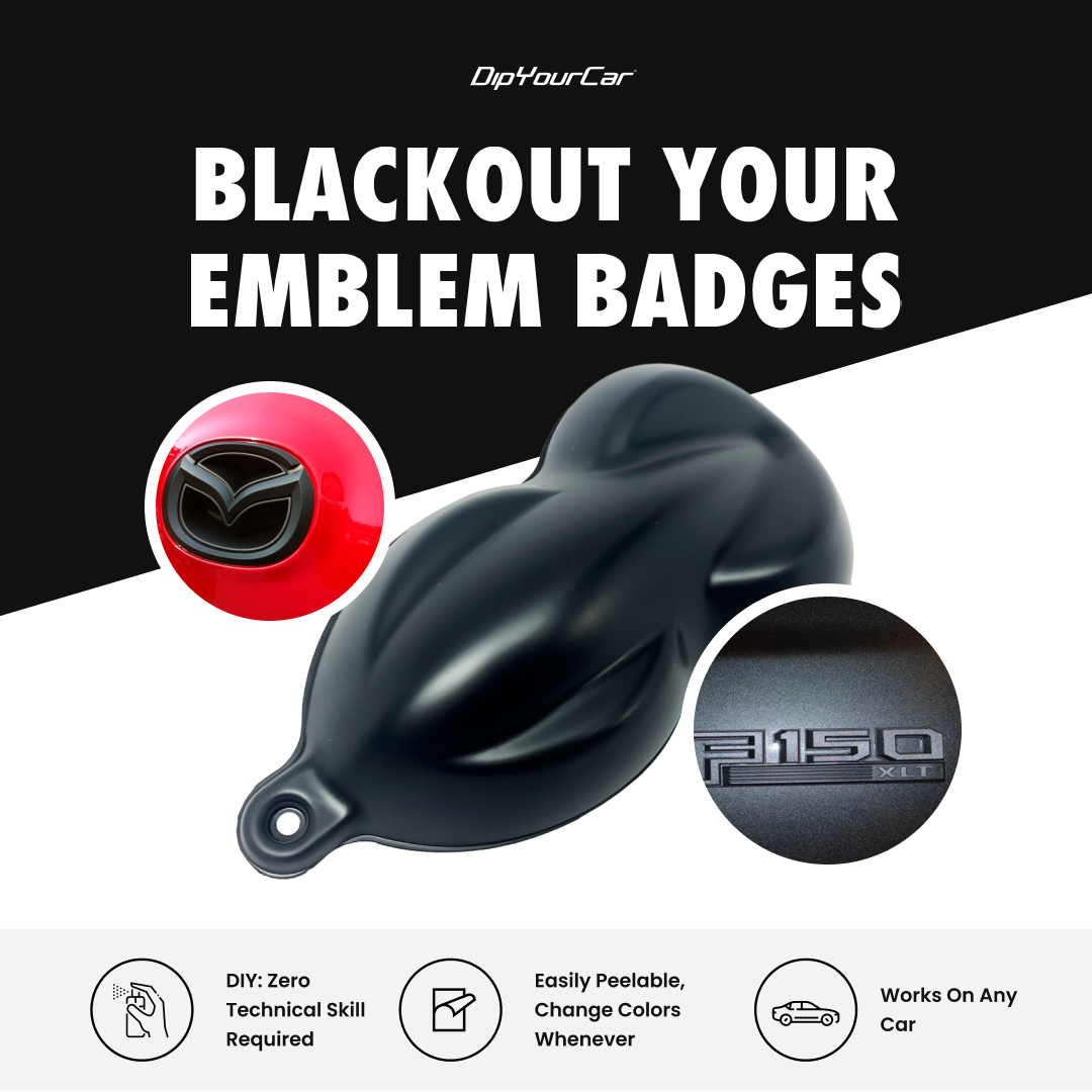 Shadow black satin HyperDip emblem and badge blackout kit by DipYourCar.com, featuring various vehicle emblems and badges.