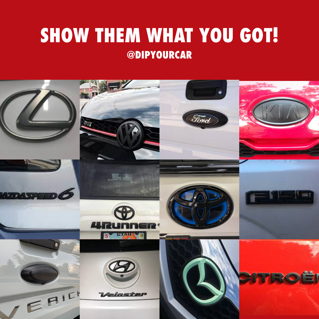 Shadow black satin HyperDip emblem and badge kit for car customization, from DipYourCar.com.