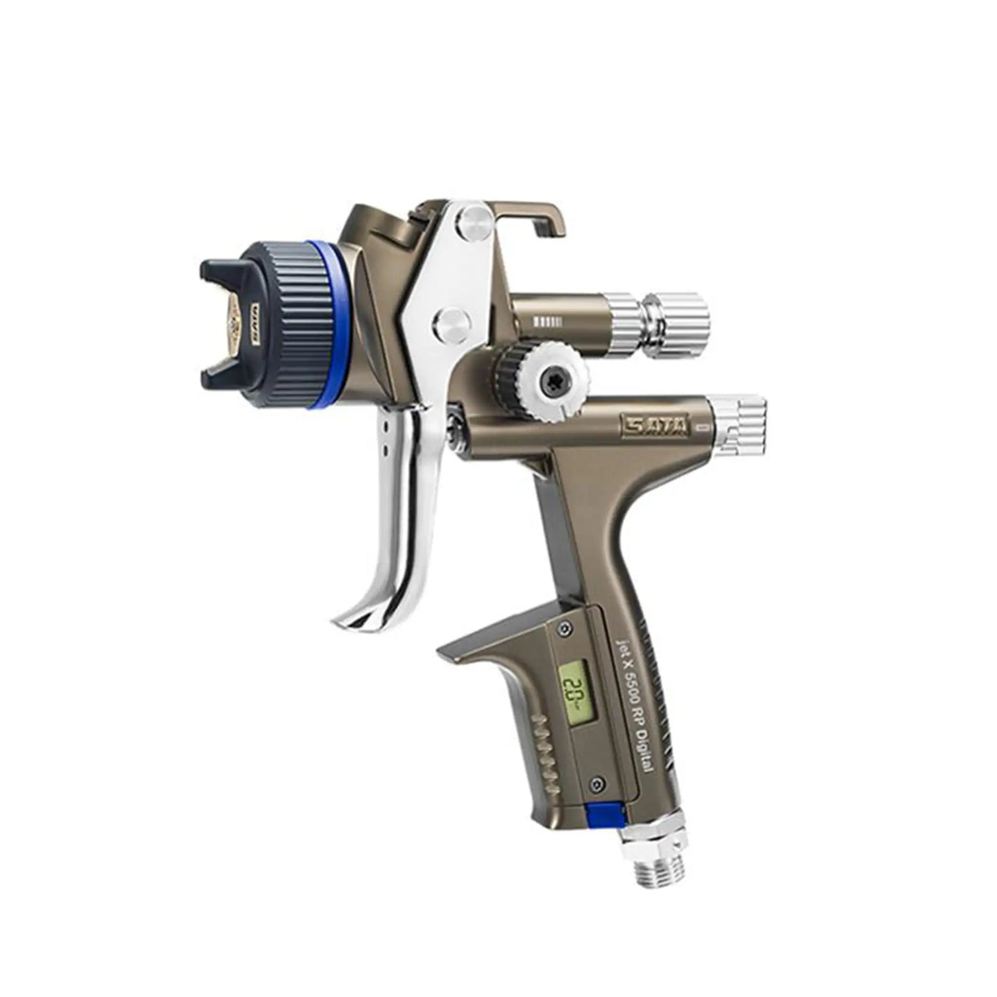 SATAjet X 5500 spray gun with RPS cups, used for automotive painting, featuring ergonomic design and high-precision nozzles.