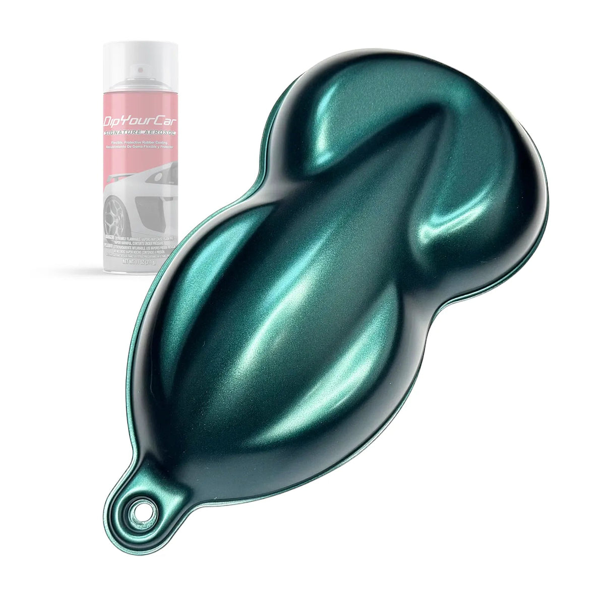 DipYourCar.com Racing Green OEM+ Dip Pearl Aerosol spray can with topcoat, showing the vibrant green color and aerosol nozzle.