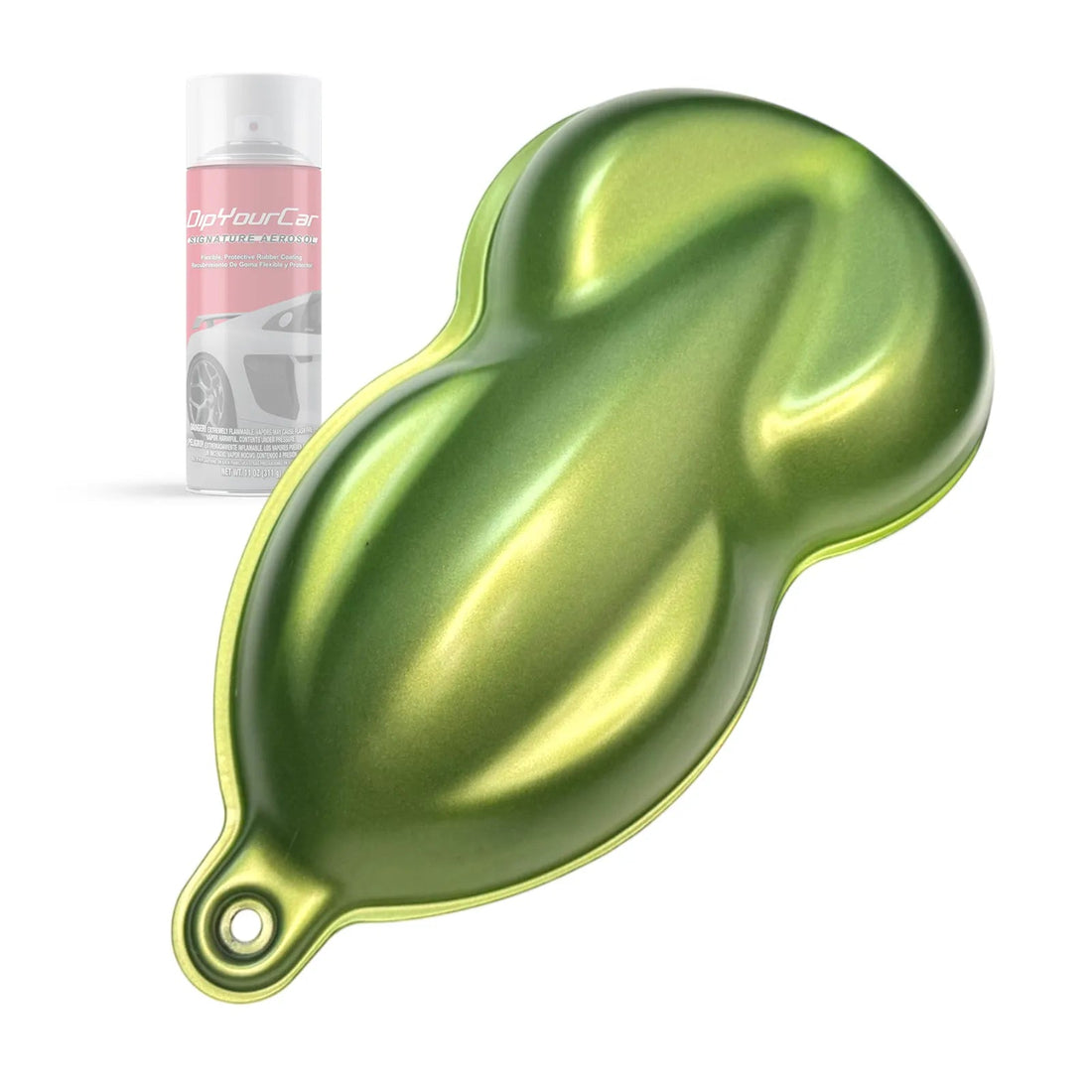 Radioactive Green Dip Pearl Aerosol TopCoat from DipYourCar.com showing the aerosol can with green topcoat for vehicle detailing.