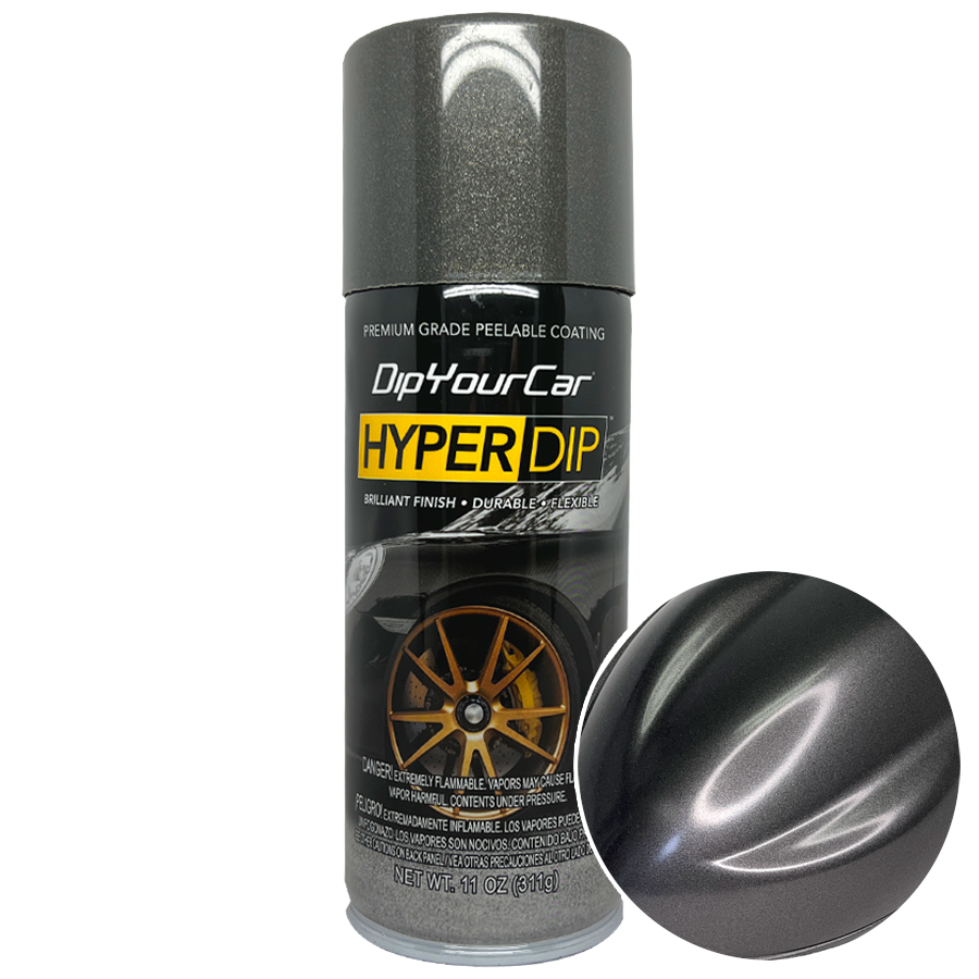Black and grey HyperDip aerosol can from DipYourCar.com in Stealth Grey color for automotive dip applications.