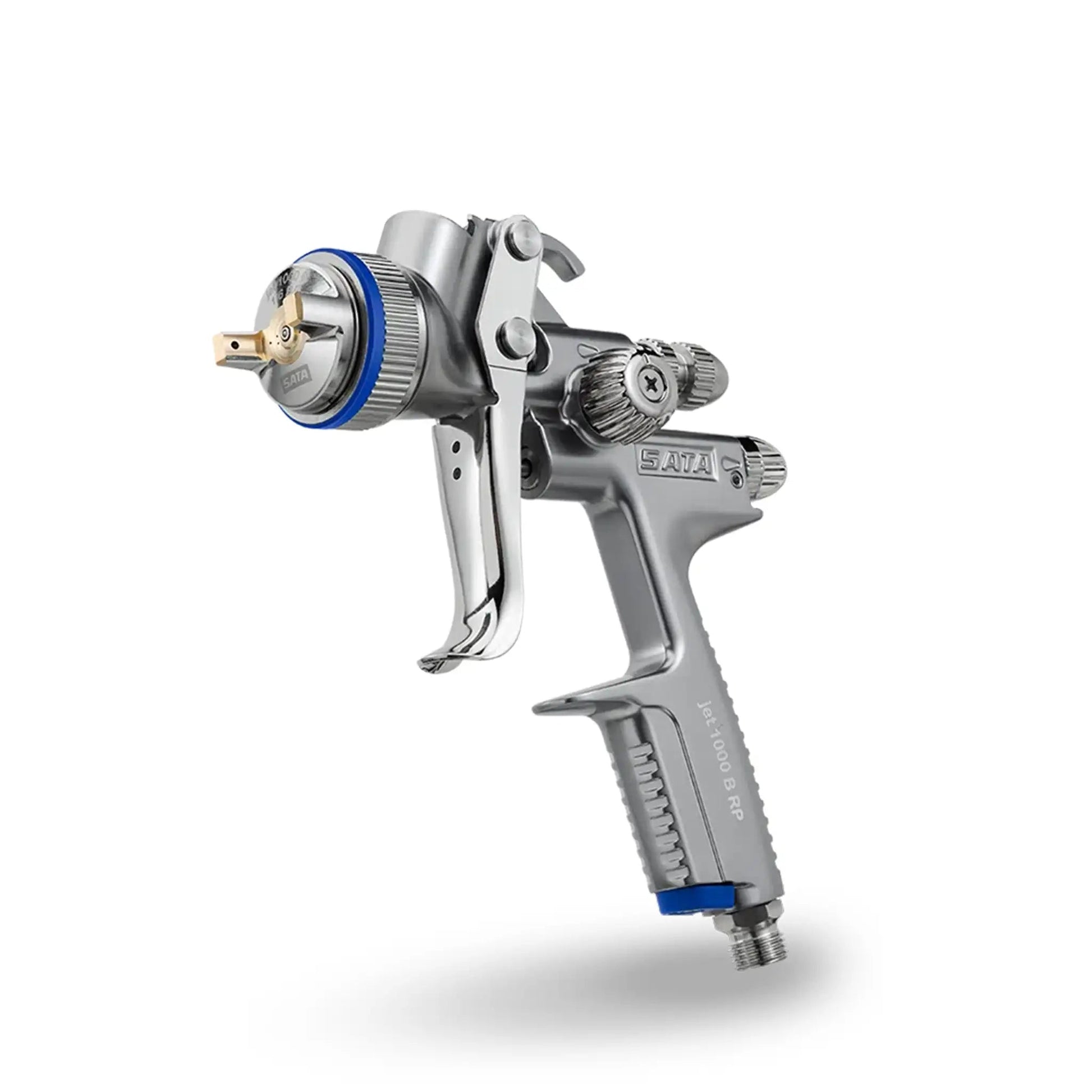 SATAjet 1000 B spray gun with cup for automotive painting, featuring precision nozzles and ergonomic design.