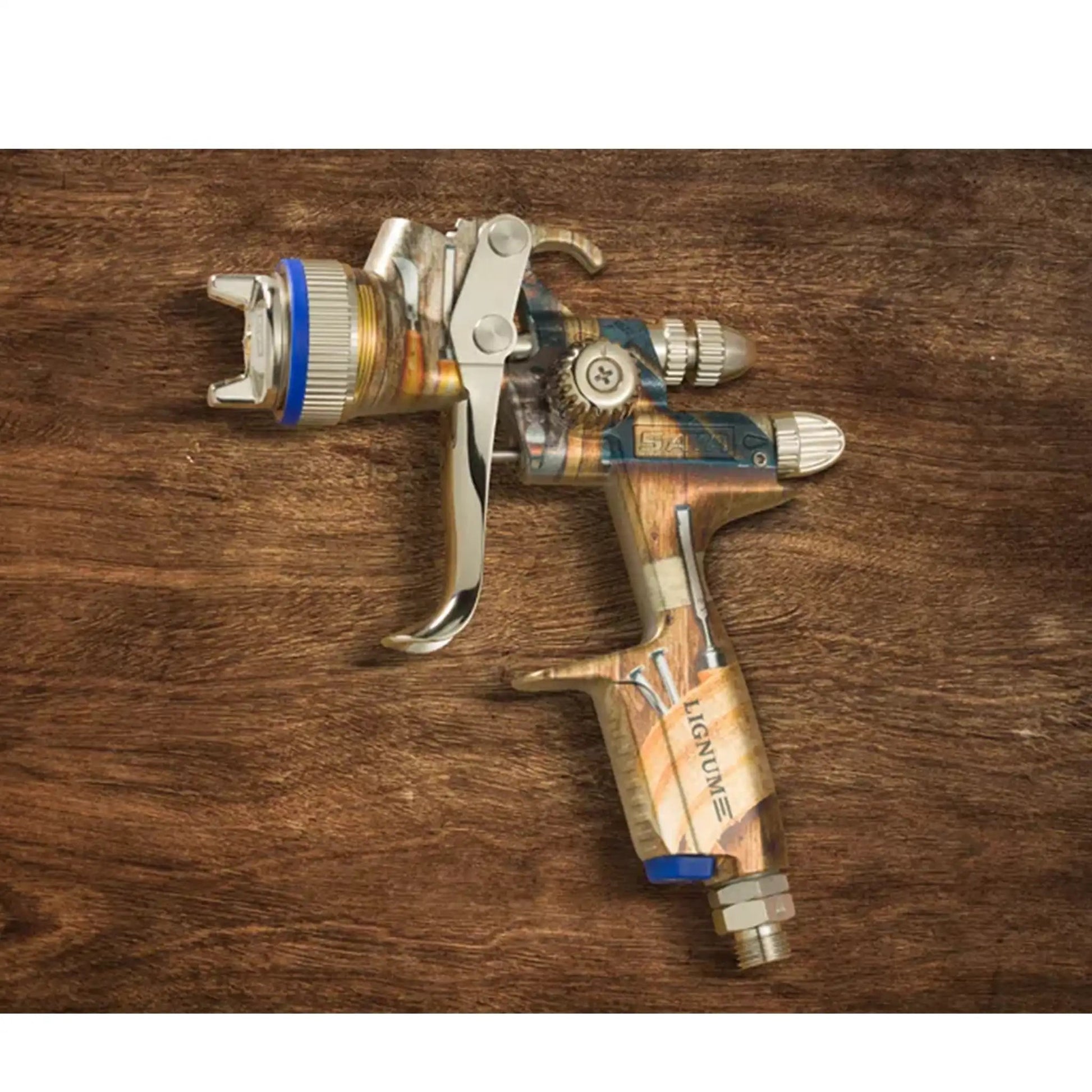 SATAjet 1000 B Lignum 3 spray gun with 0.6L cup for automotive painting, featuring ergonomic wooden handle and professional design.
