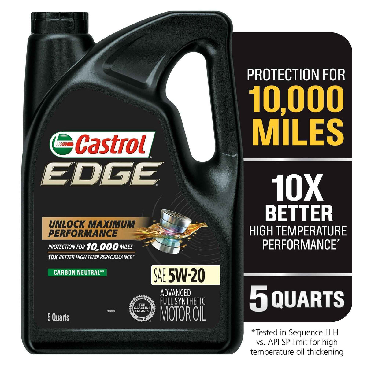Castrol EDGE 5W-20 full synthetic engine oil in a 5-quart container, premium motor oil by EasyOptionXY LLC.