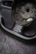 Custom Audi steering wheel for 2005-2011 A3, A4, A5, A6, Q5, Q7, S4, S5 by Exclusive Steering, close-up of leather and control buttons