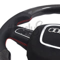 Custom Audi steering wheel for 2005-2011 A3, A4, A5, A6, Q5, Q7, S4, S5 by Exclusive Steering, with leather and metallic accents.