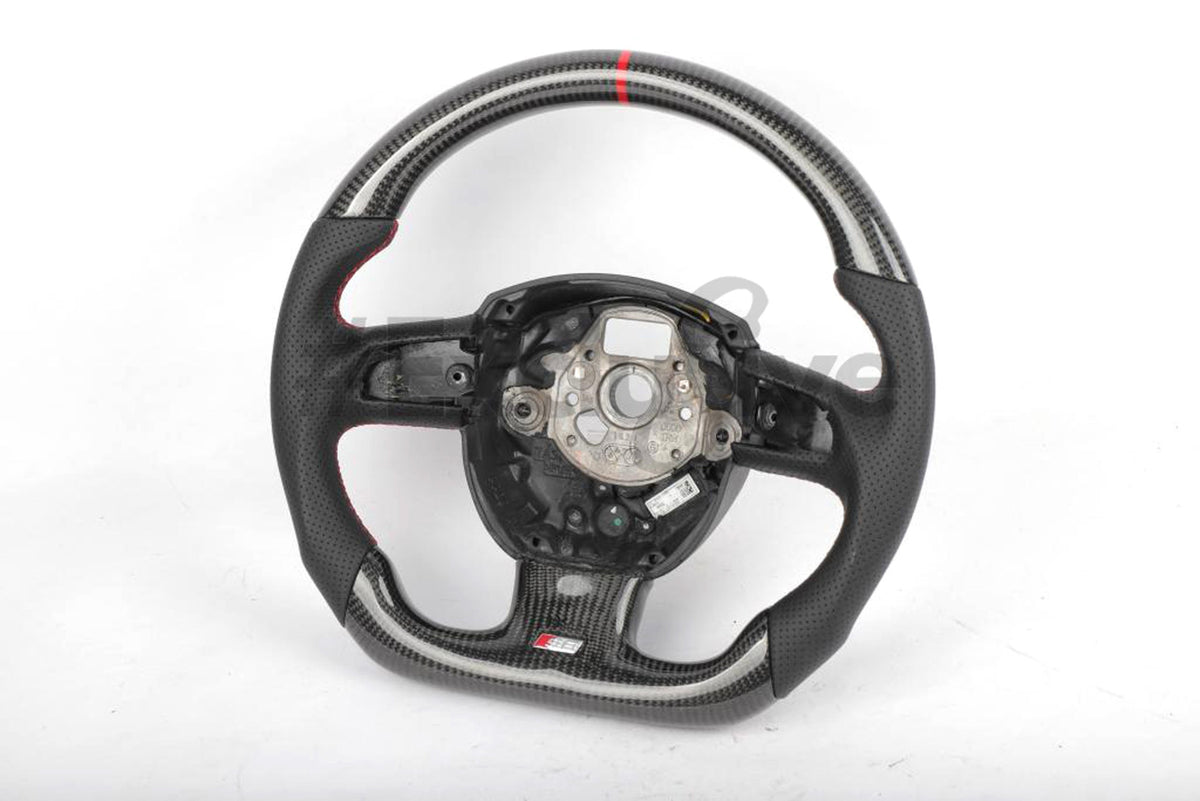 Custom Audi steering wheel for 2005-2011 A3, A4, A5, A6, Q5, Q7, S4, S5 by Exclusive Steering, with leather and detailed stitching.