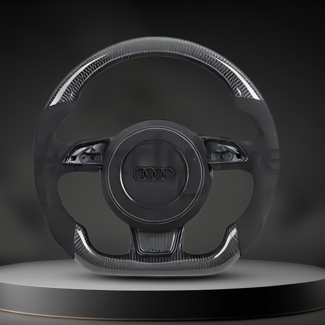 Custom Audi R8 and TT steering wheel by Exclusive Steering, featuring sleek design and premium leather finish.