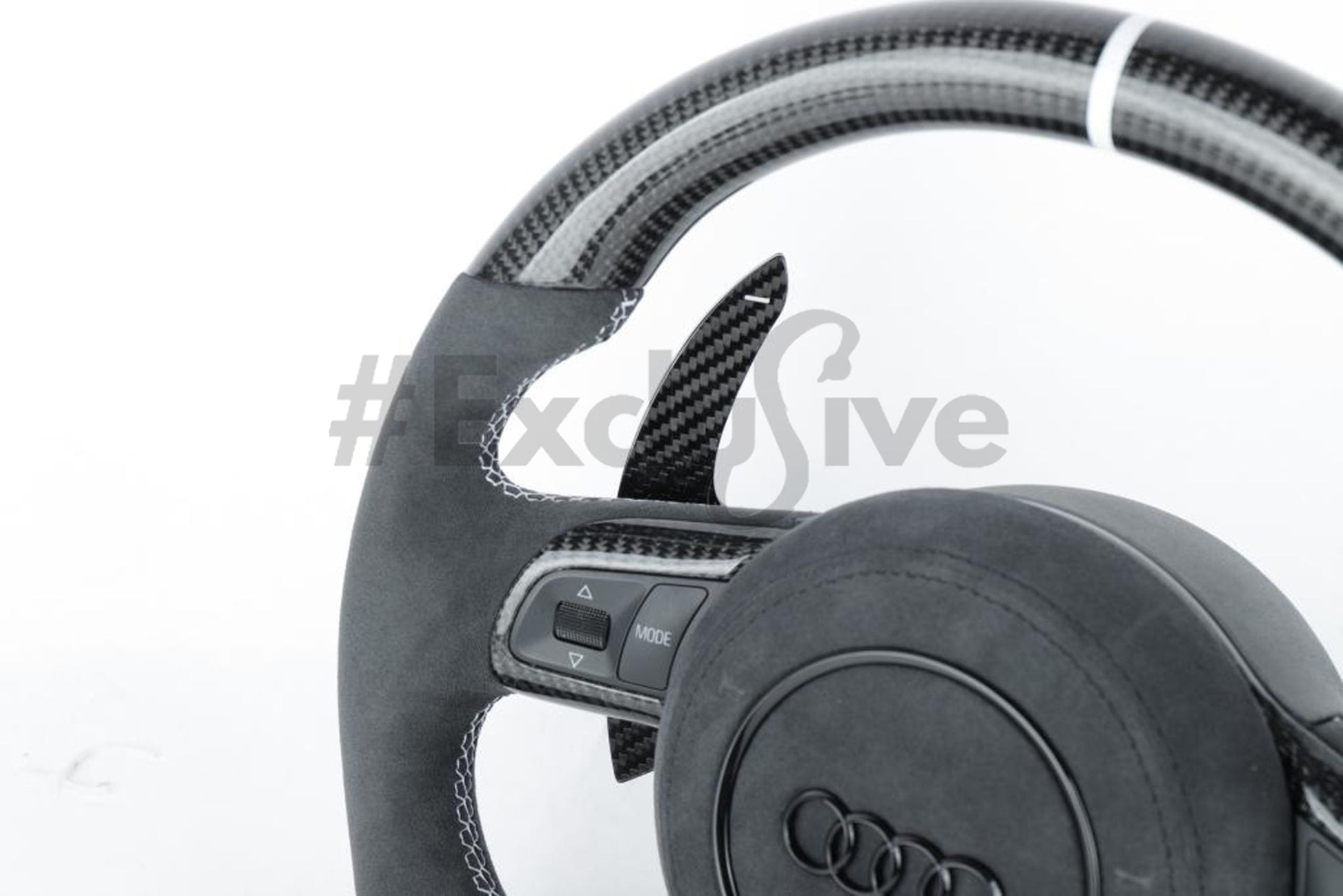 Custom Audi R8 and TT steering wheel by Exclusive Steering, showcasing high-quality leather and sporty design for 2008-2015 models.