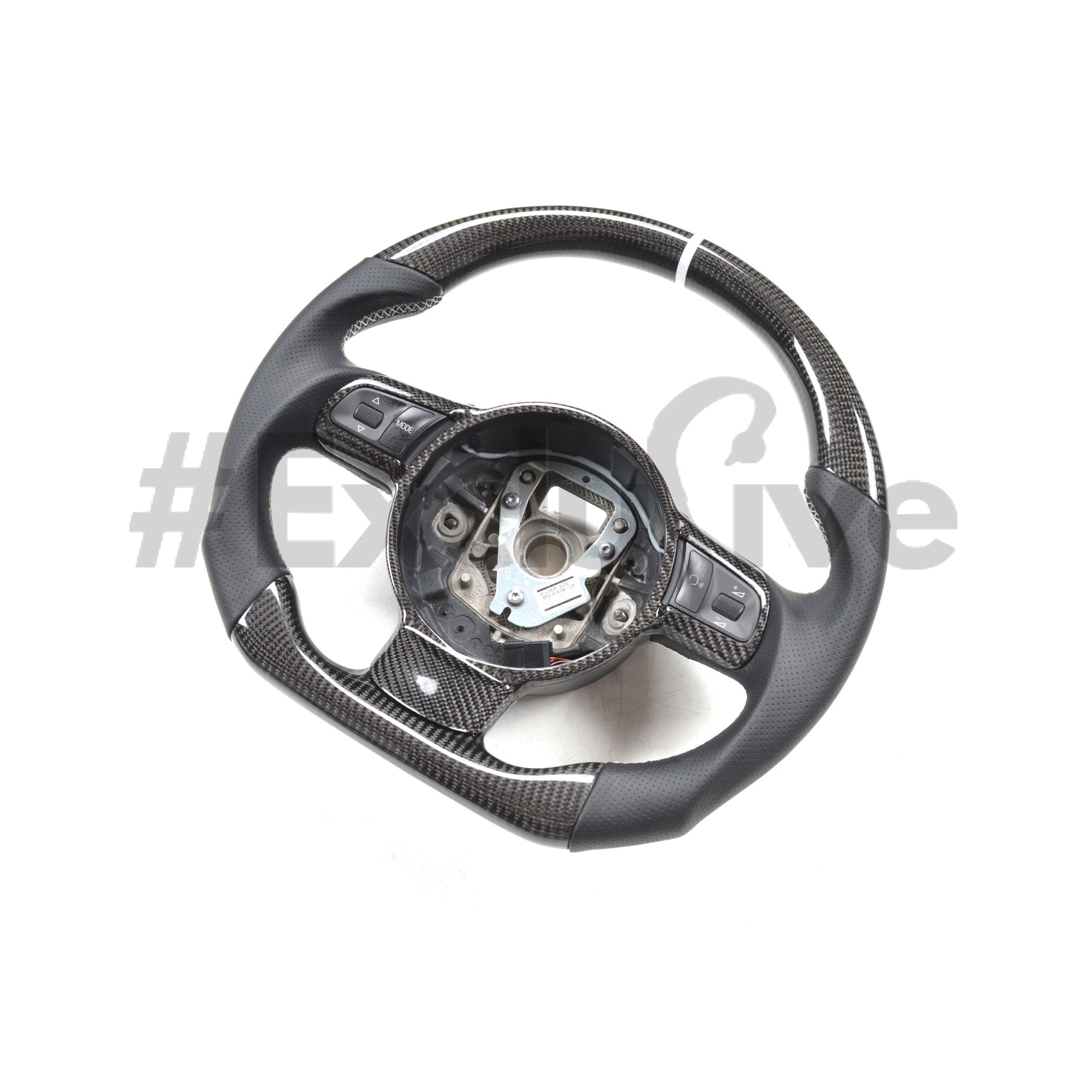 Custom Audi R8 and TT steering wheel by Exclusive Steering, featuring black leather and sporty design for 2008-2015 models.