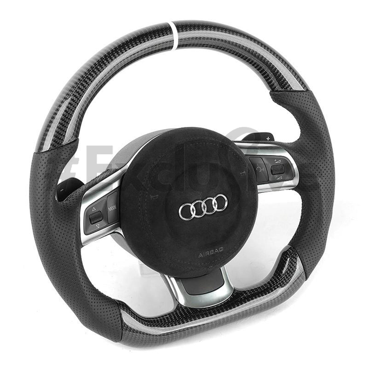Custom Audi R8 and TT steering wheel by Exclusive Steering, featuring a sleek black leather and carbon fiber design.