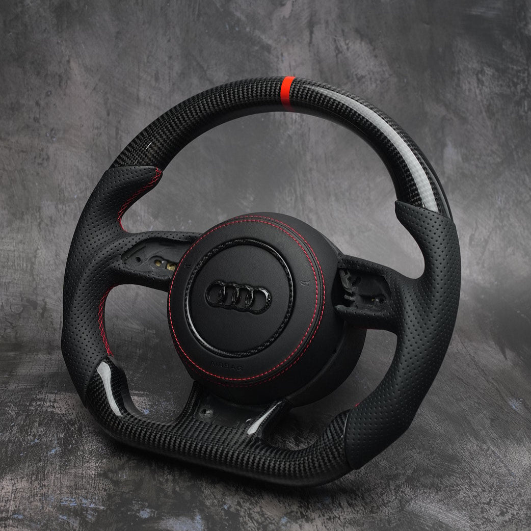 Custom Audi steering wheel for 2012-2018 A3, A4, A5, A6, A7, A8, S3, S4, S5, S6, S7, S8, RS7 by Exclusive Steering displayed on the vehicle dashboard
