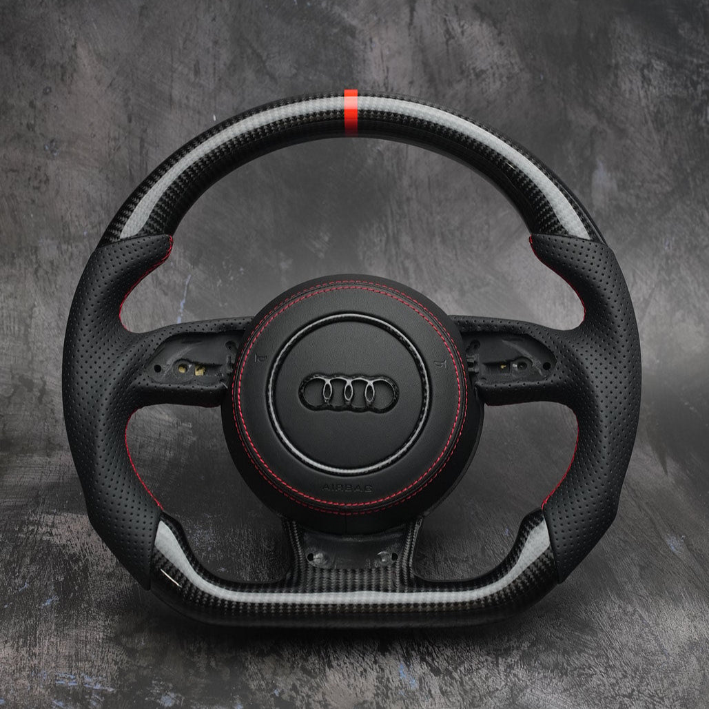 Custom Audi steering wheel for 2012-2018 A3, A4, A5, S3, S4, S5, S6, S7, S8, RS7 by Exclusive Steering, close-up view.