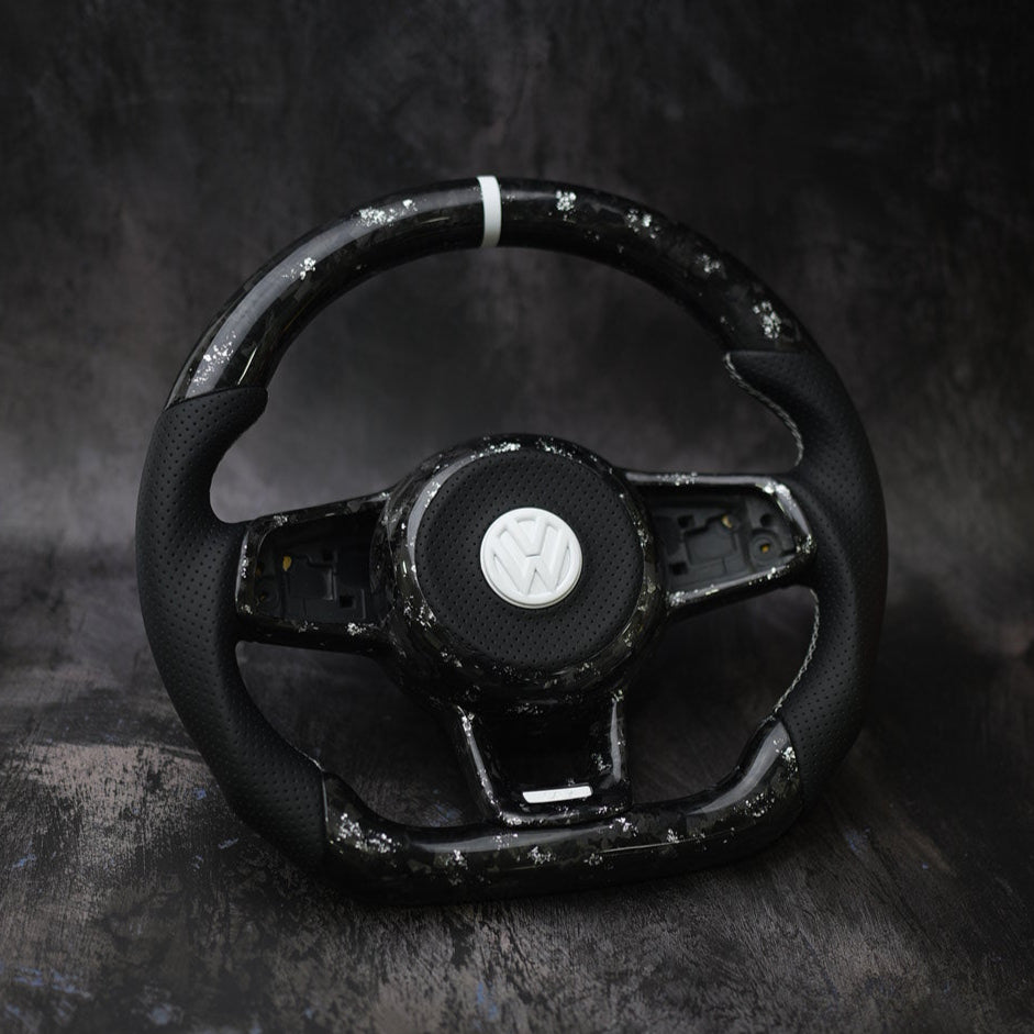 Volkswagen Golf MK7 GTI & R custom steering wheel by Exclusive Steering, black leather with red stitching and sporty design.