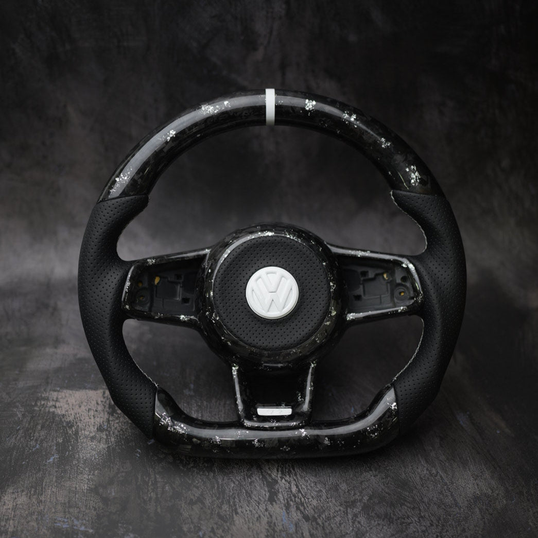 Volkswagen Golf MK7 GTI & R custom steering wheel by Exclusive Steering, black leather with red stitching and sporty design.
