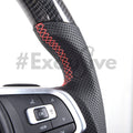 Volkswagen Golf MK7 GTI & R custom steering wheel by Exclusive Steering, black leather with red stitching and sporty design.