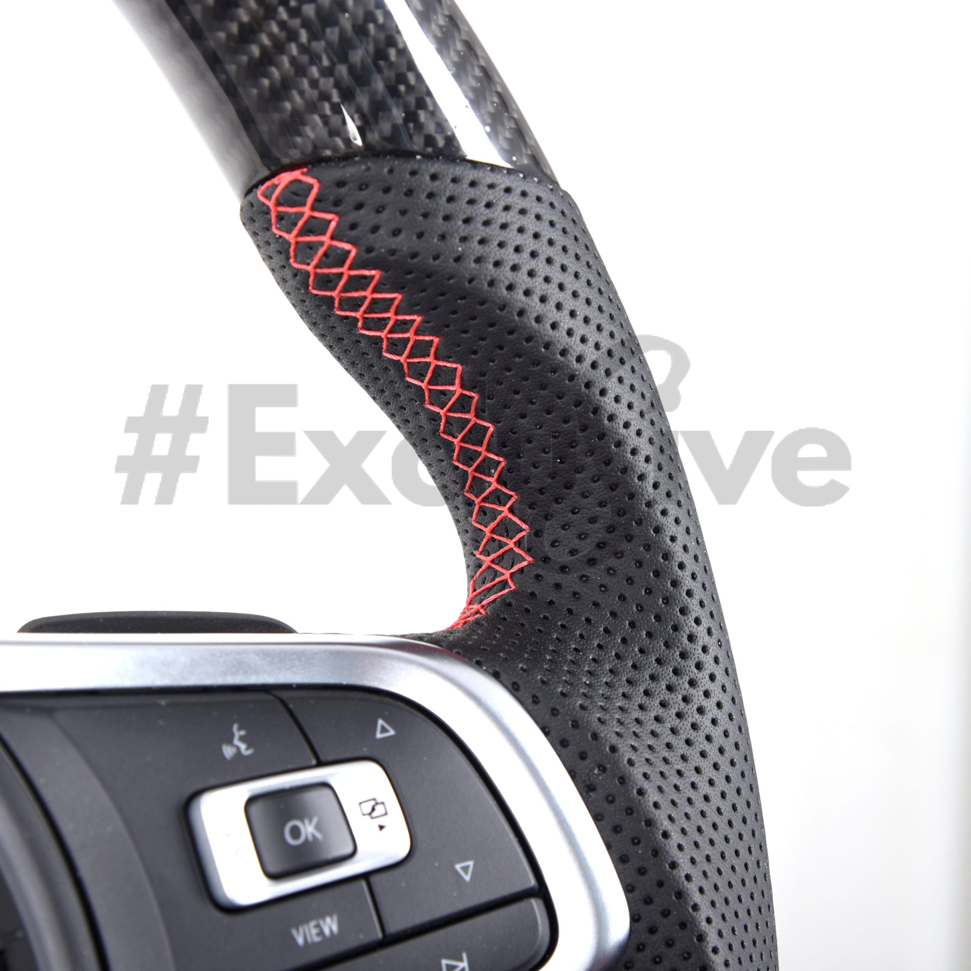 Volkswagen Golf MK7 GTI & R custom steering wheel by Exclusive Steering, black leather with red stitching and sporty design.