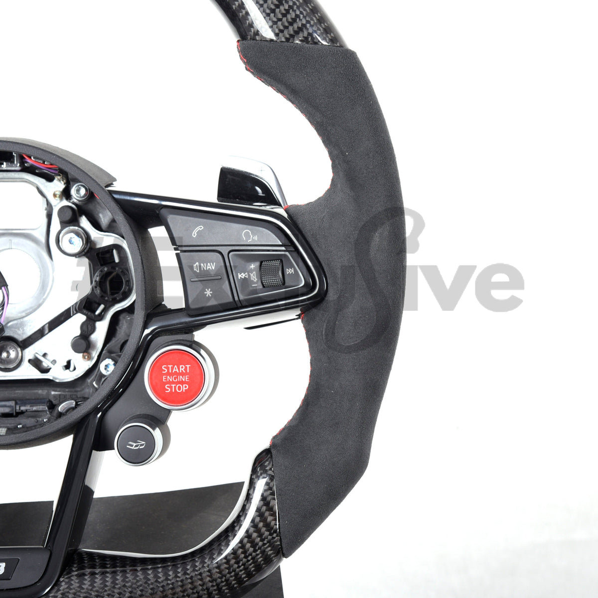 Custom black Audi R8 and TT steering wheel by Exclusive Steering, with detailed leather and sporty design.