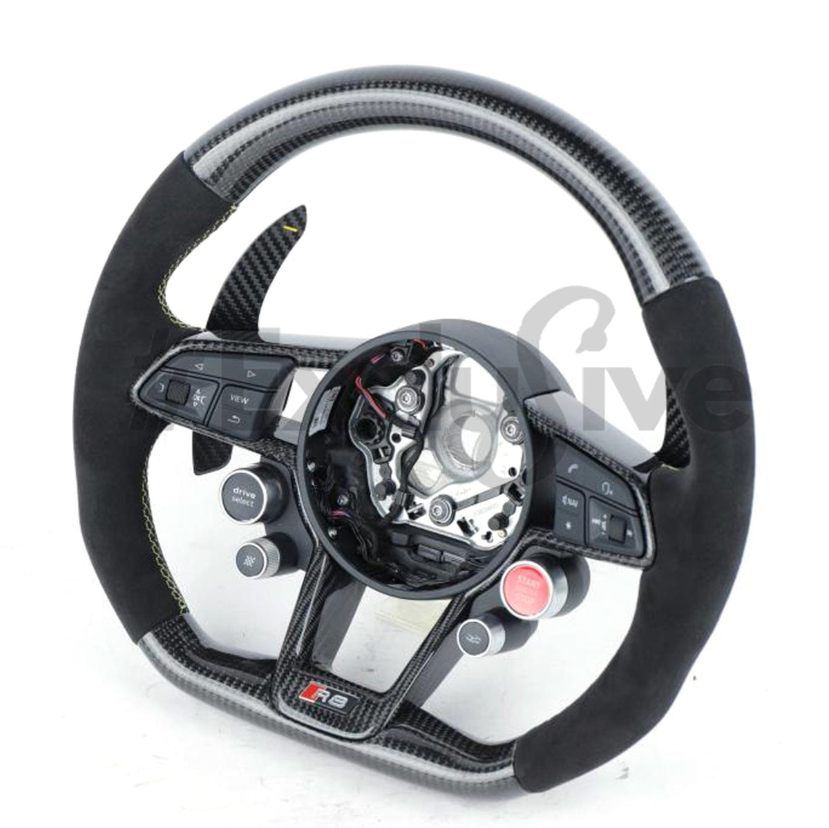 Audi R8 and TT custom steering wheel by Exclusive Steering, featuring premium leather and detailed craftsmanship.