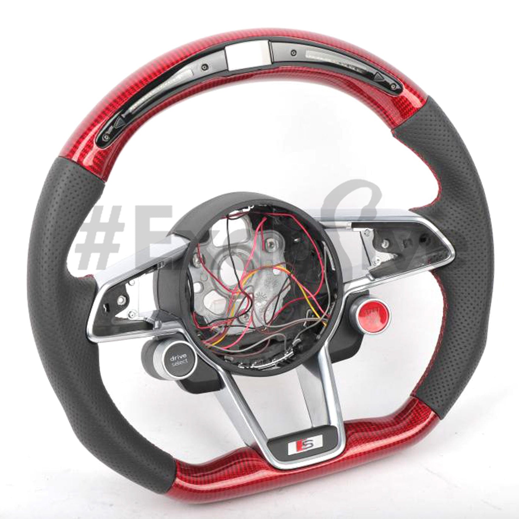 Close-up of a custom Audi R8 and TT steering wheel by Exclusive Steering, featuring premium leather and detailed craftsmanship.