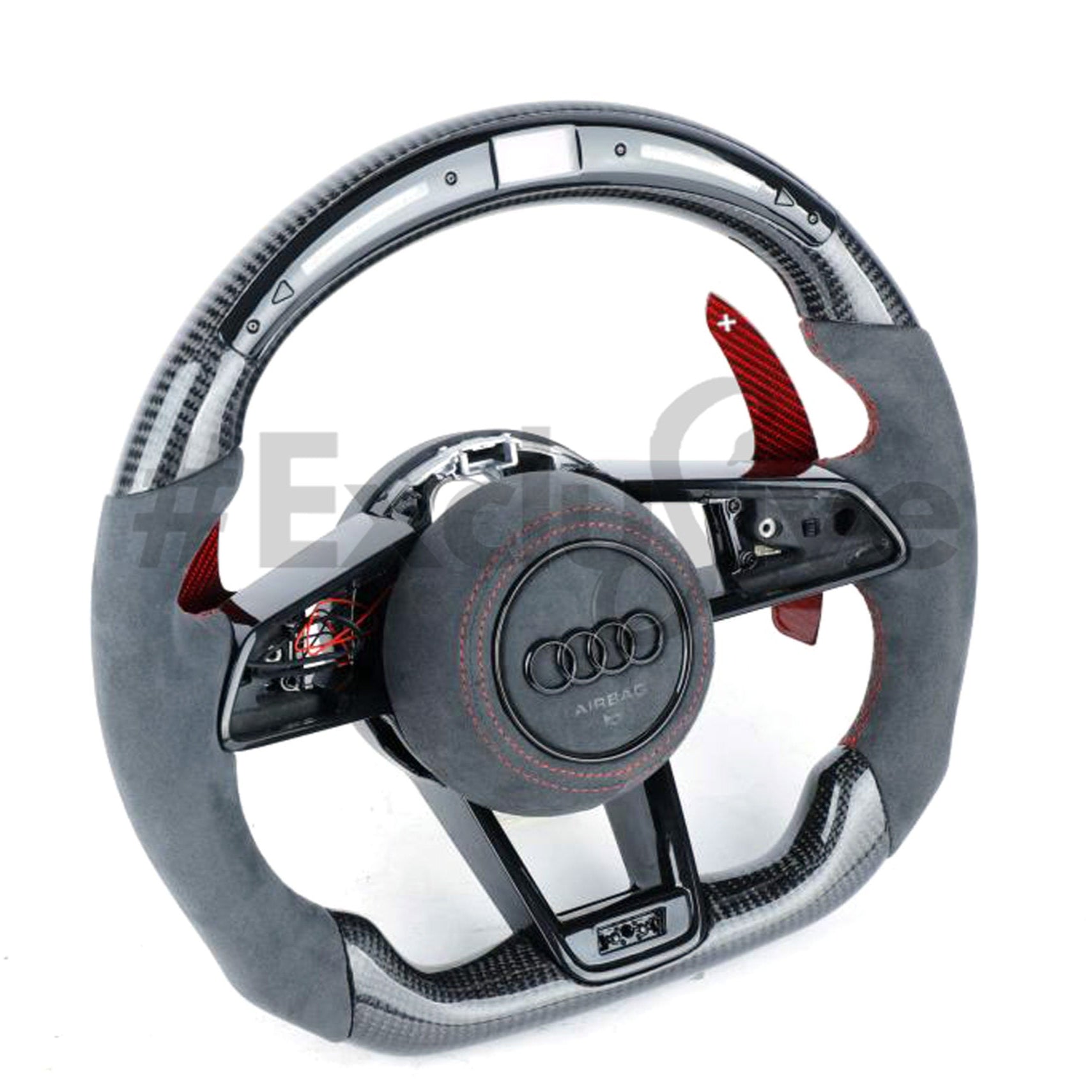 Exclusive Steering custom black leather steering wheel for 2016-2023 Audi R8 and TT, featuring detailed stitching and ergonomic design.