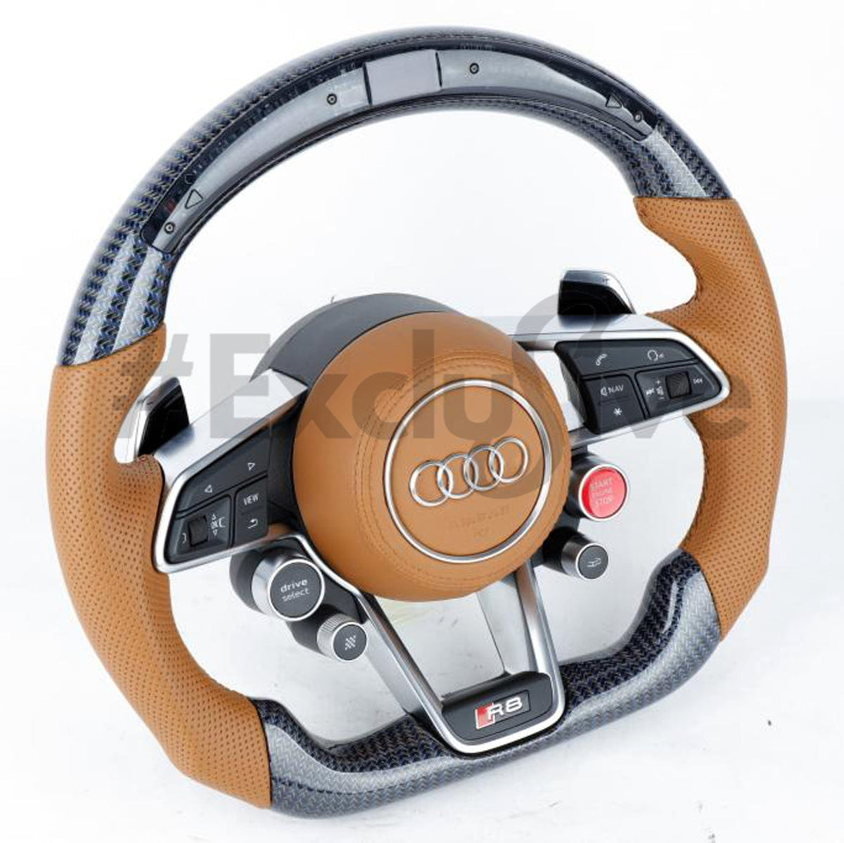 Audi R8 and TT custom steering wheel by Exclusive Steering, featuring premium leather and sleek design for sporty driving comfort.