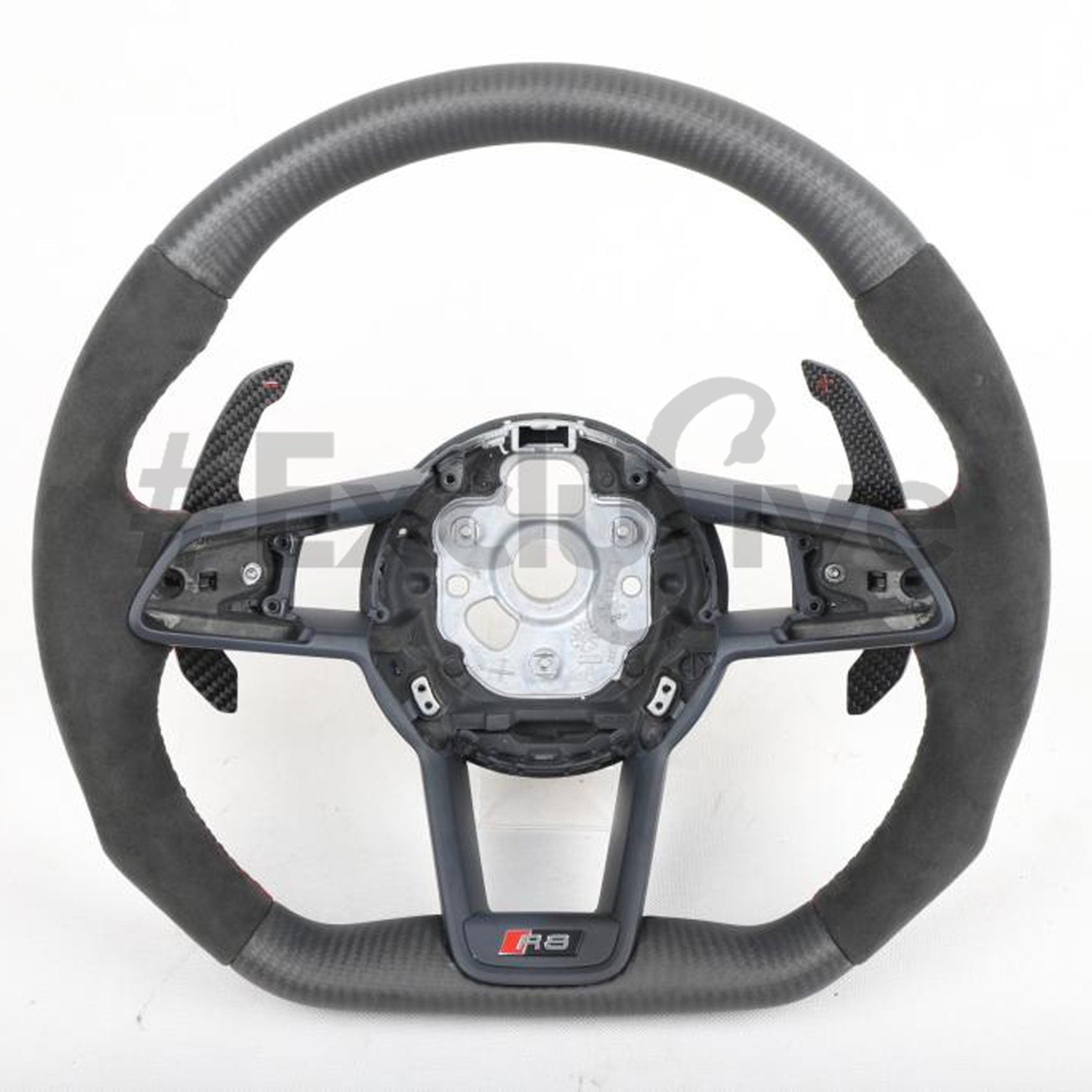 Audi R8 and TT custom steering wheel by Exclusive Steering, close-up view of premium leather and detailed craftsmanship.
