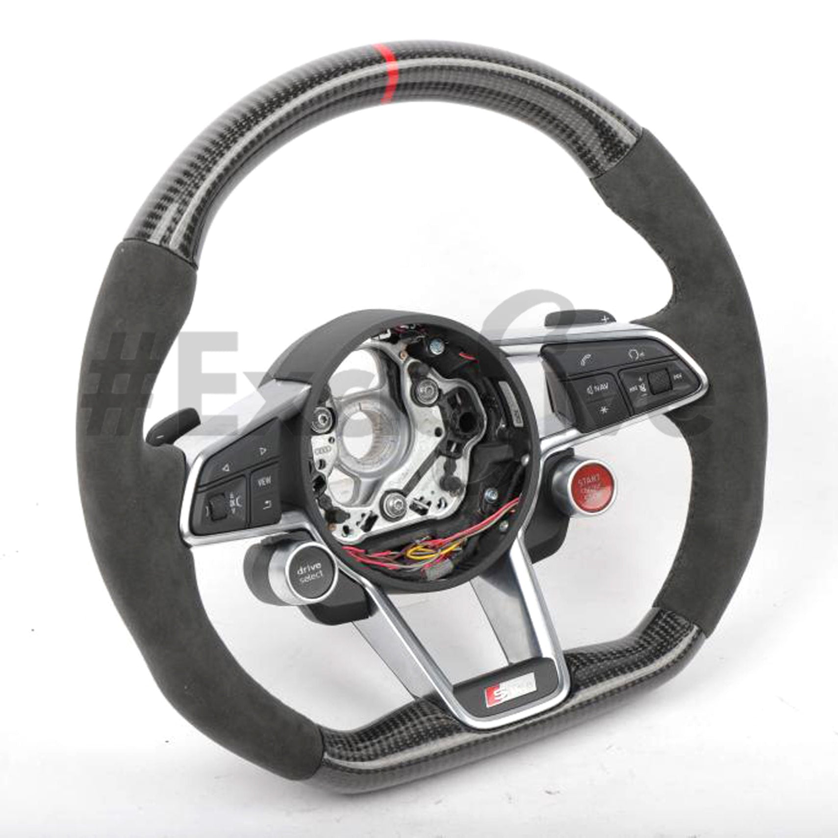 Custom Audi R8/TT steering wheel by Exclusive Steering, featuring a sleek black leather design with silver accents.