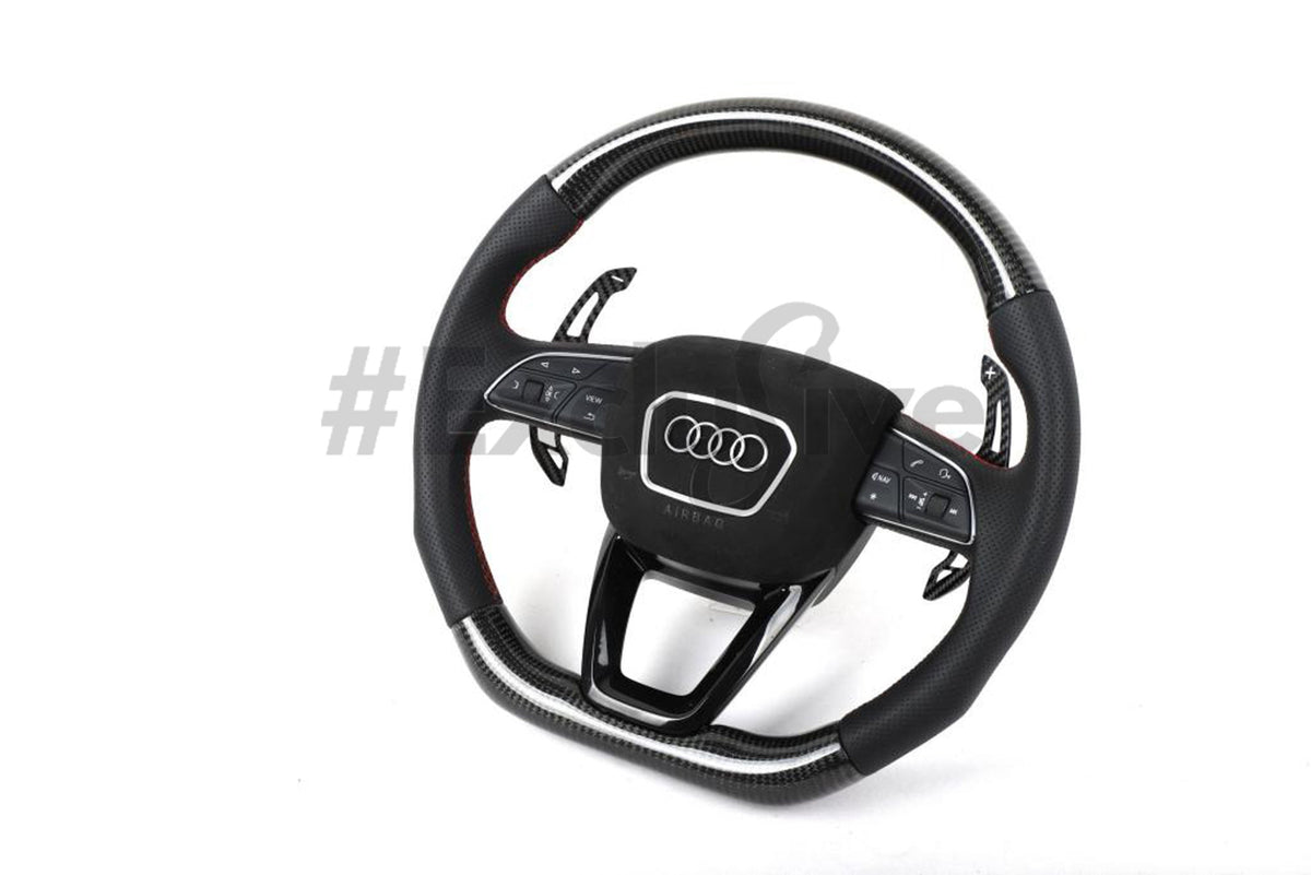 Custom Audi Q3, Q5, Q7, Q8, SQ5, SQ7 steering wheel by Exclusive Steering, featuring leather and detailed stitching.