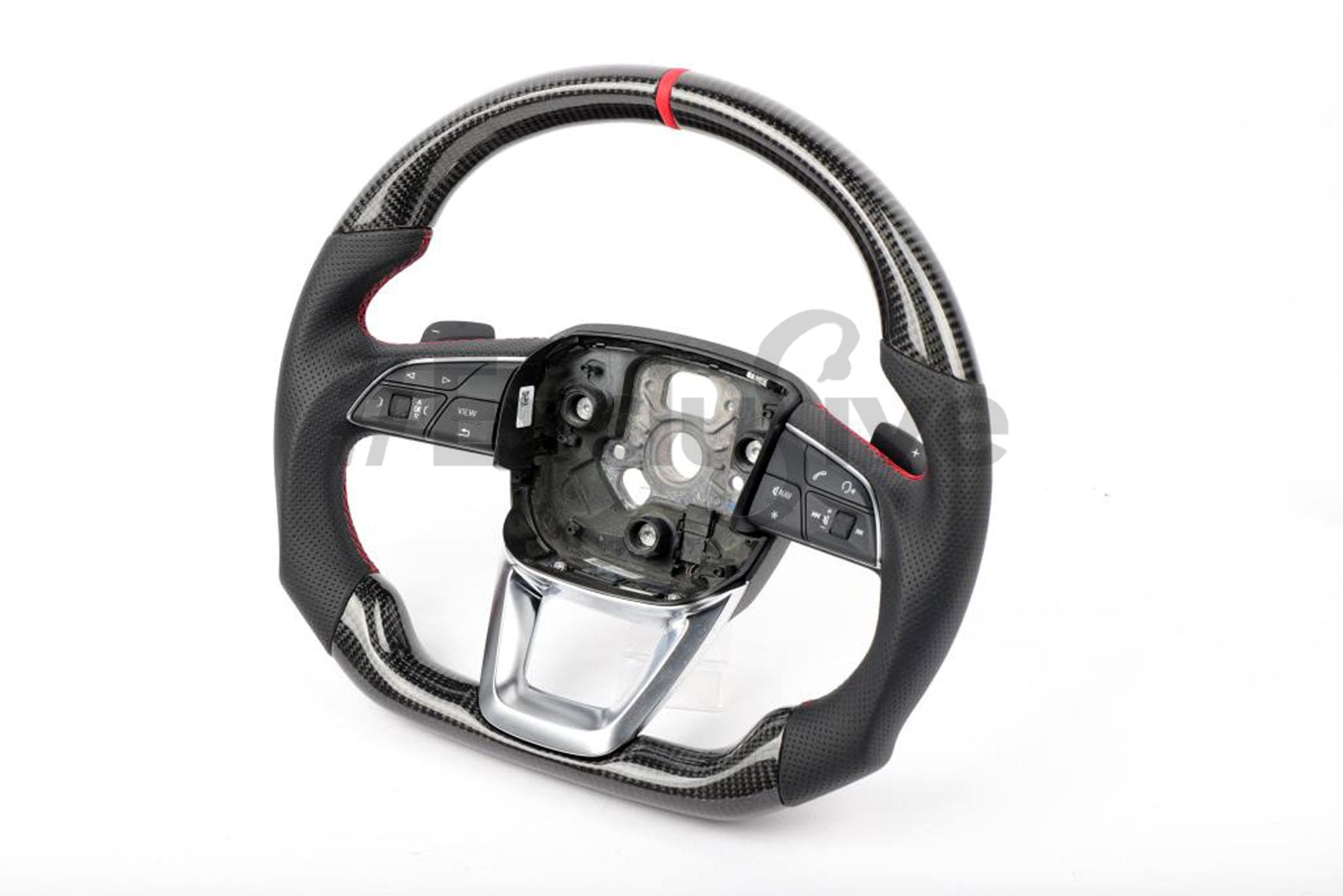 Custom leather steering wheel for Audi Q3, Q5, Q7, Q8, SQ5, and SQ7 by Exclusive Steering, showing detailed close-up of the wheel.