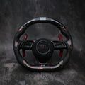 Custom Audi A5 S3 RS3 S4 RS4 S5 RS5 steering wheel by Exclusive Steering, black leather with silver accents, close-up view.