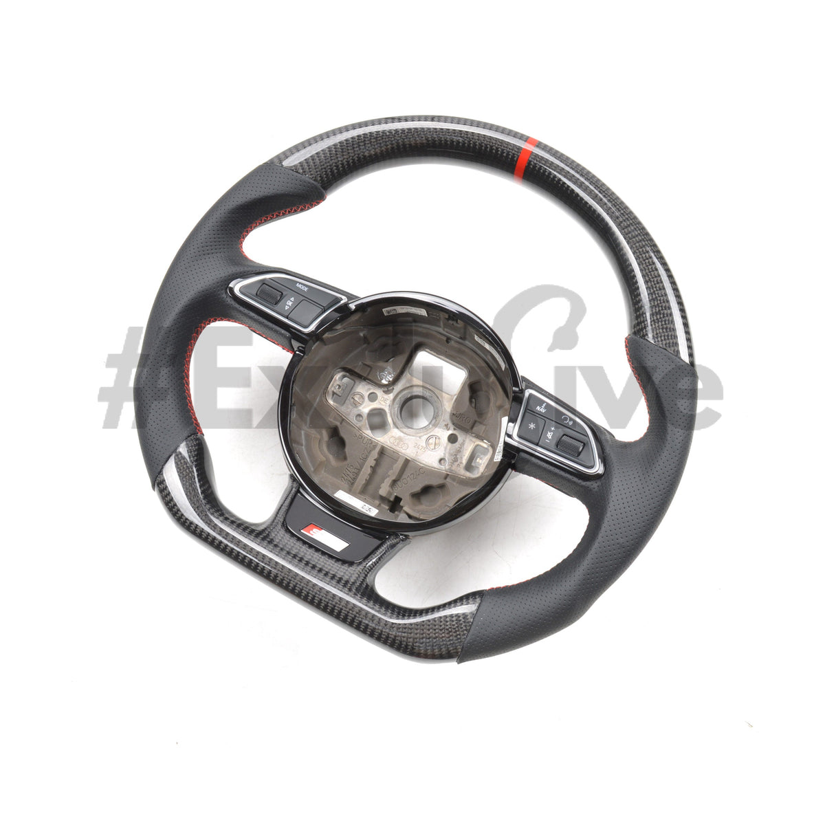 Custom Audi A5 S3 RS3 S4 RS4 S5 RS5 steering wheel by Exclusive Steering, black leather with silver accents, detailed stitching.