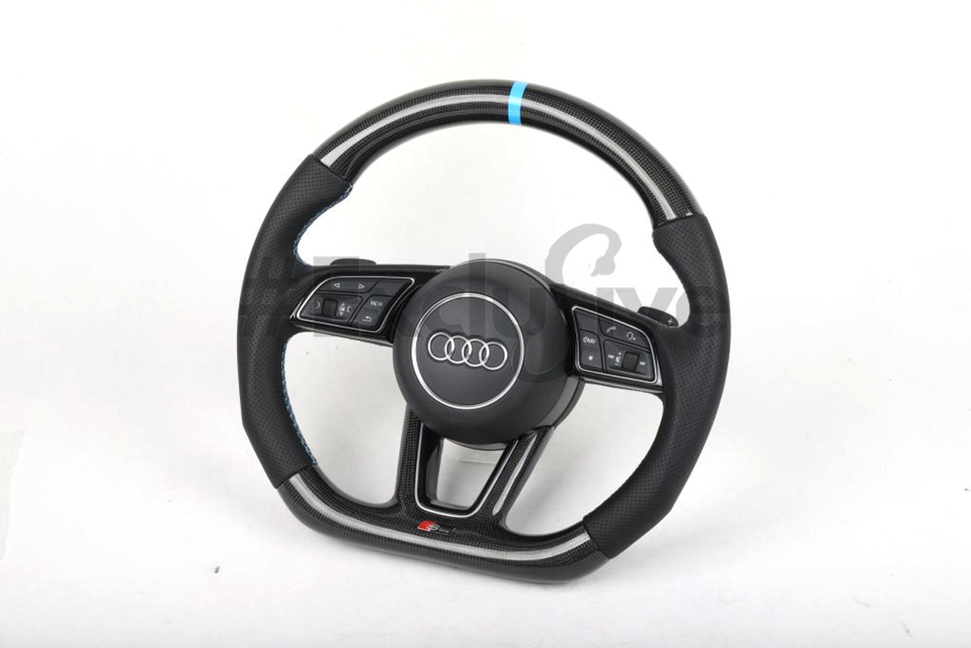 Custom Audi A5 S3 RS3 S4 RS4 S5 RS5 steering wheel by Exclusive Steering, black leather with silver accents, close-up view.