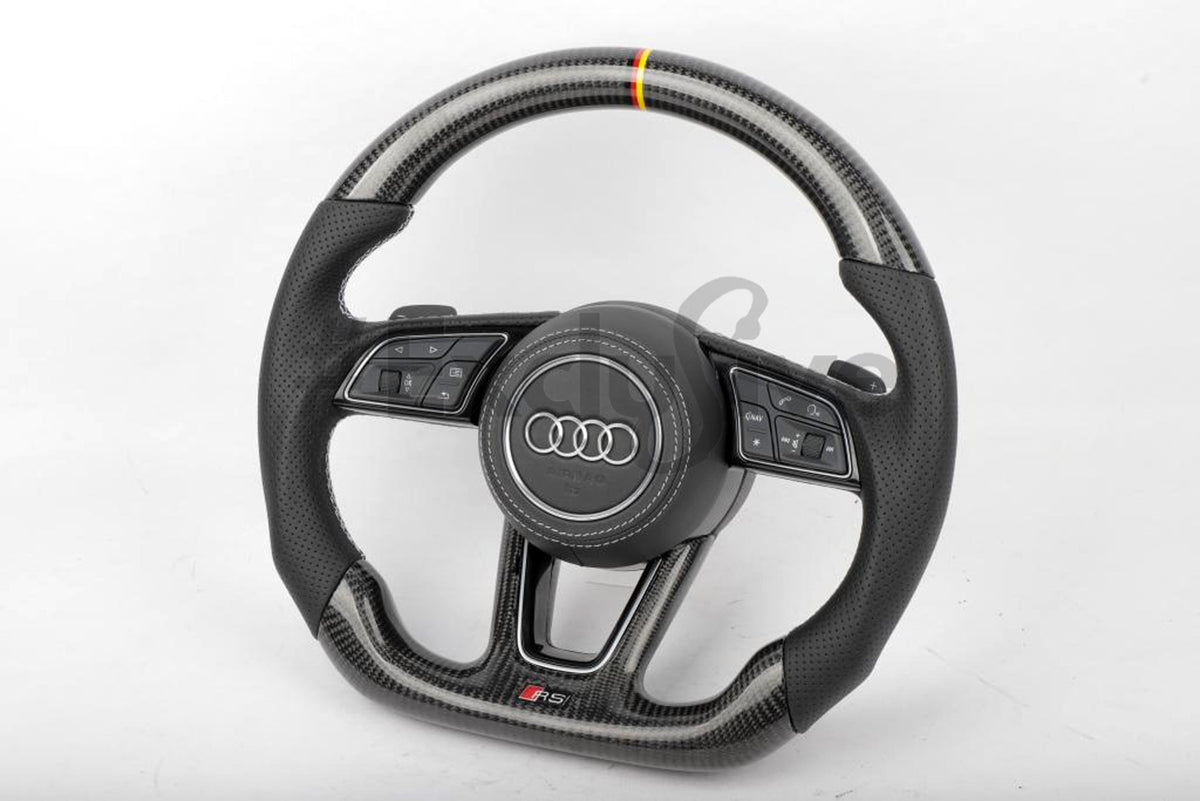 Custom Audi A5 S3 RS3 S4 RS4 S5 RS5 steering wheel by Exclusive Steering with black leather and sporty design, detailed stitching.