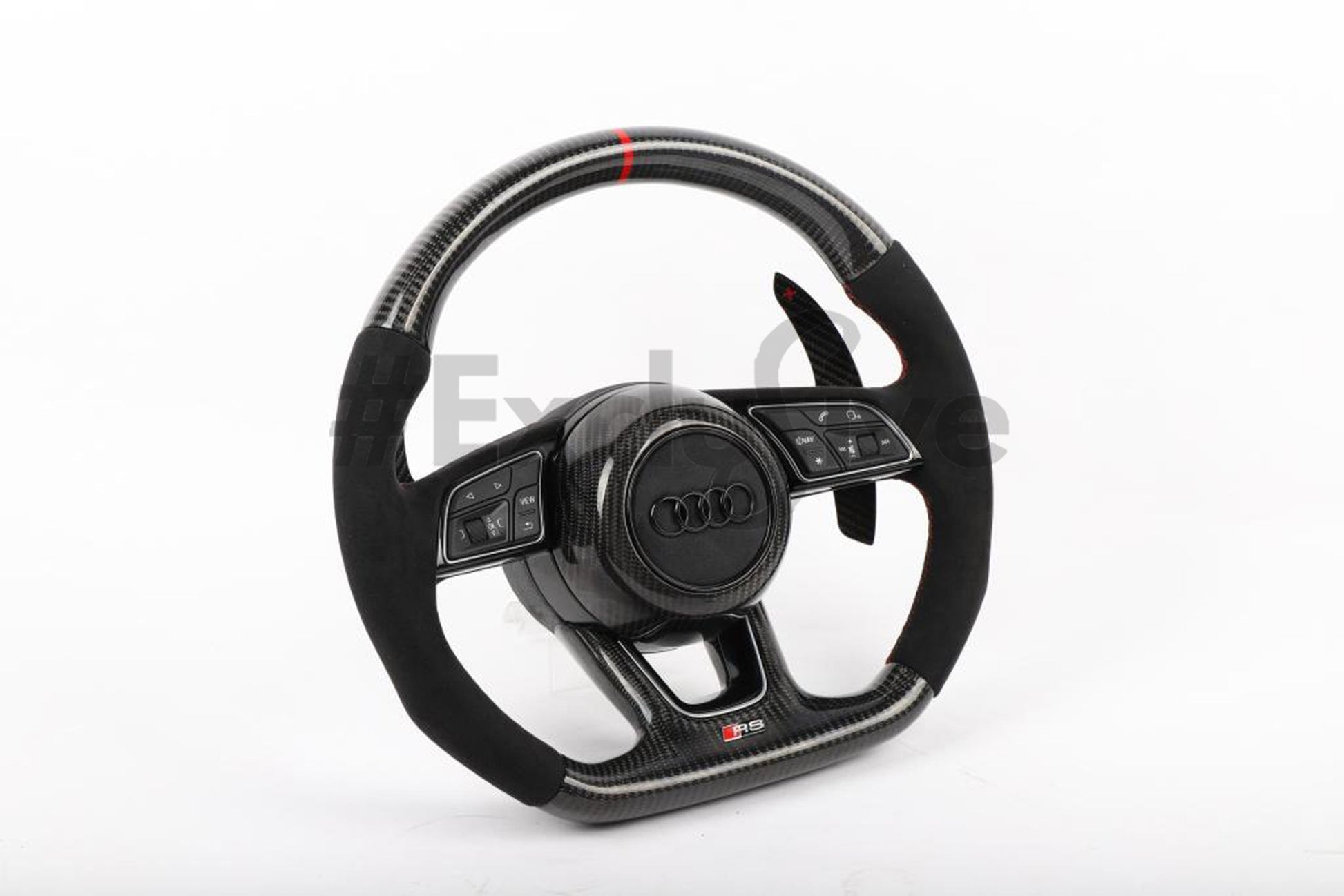 Custom Audi A5 S3 RS3 S4 RS4 S5 RS5 steering wheel by Exclusive Steering, black leather with silver accents and ergonomic grip.