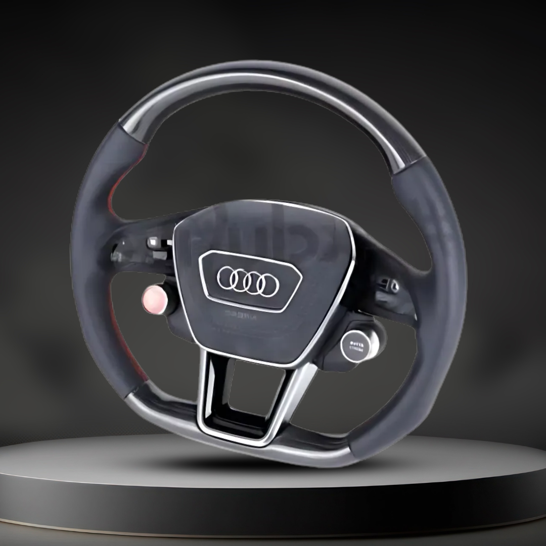 Custom Audi A6, S6, RS6, A7, S7, RS7, C8 steering wheel by Exclusive Steering, featuring leather-wrapped design and sporty accents.